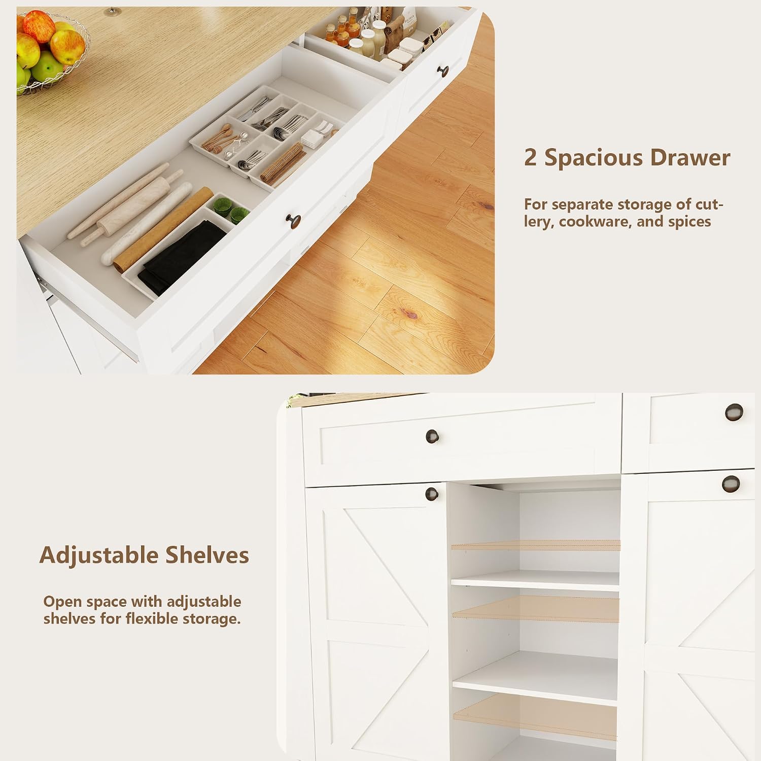 Wnętrze view of the VAXZOFI Kitchen Island showing spacious drawers and adjustable shelves.