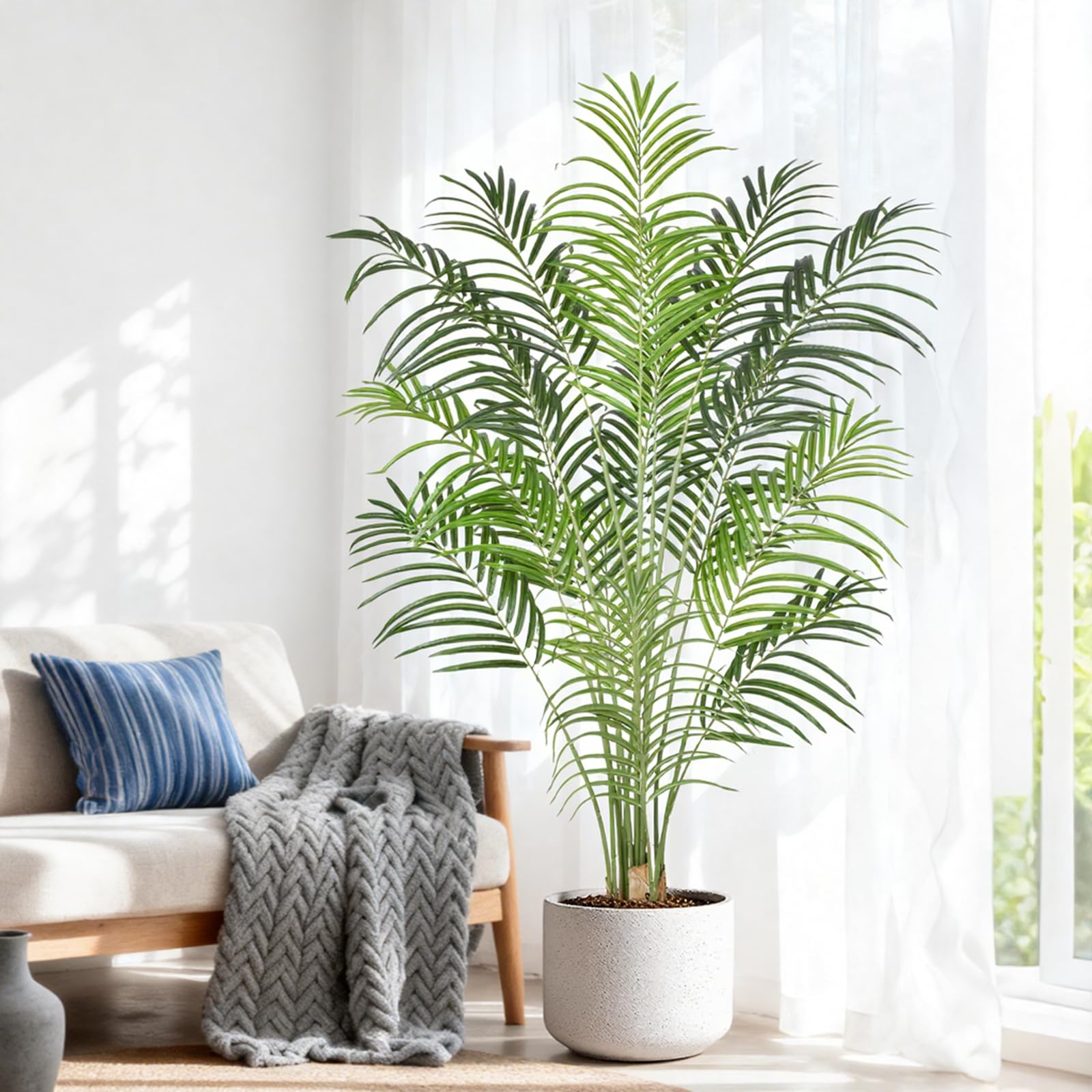 Artificial Palm Tree 5.5ft Tall Fake Palm Tree Indoor Decor with 15 Trunks and Real Bark Design Faux Tropical Areca Palm Silk Floor Plant in Pot for Home Office Living Room Bedroom Decor 1pcs