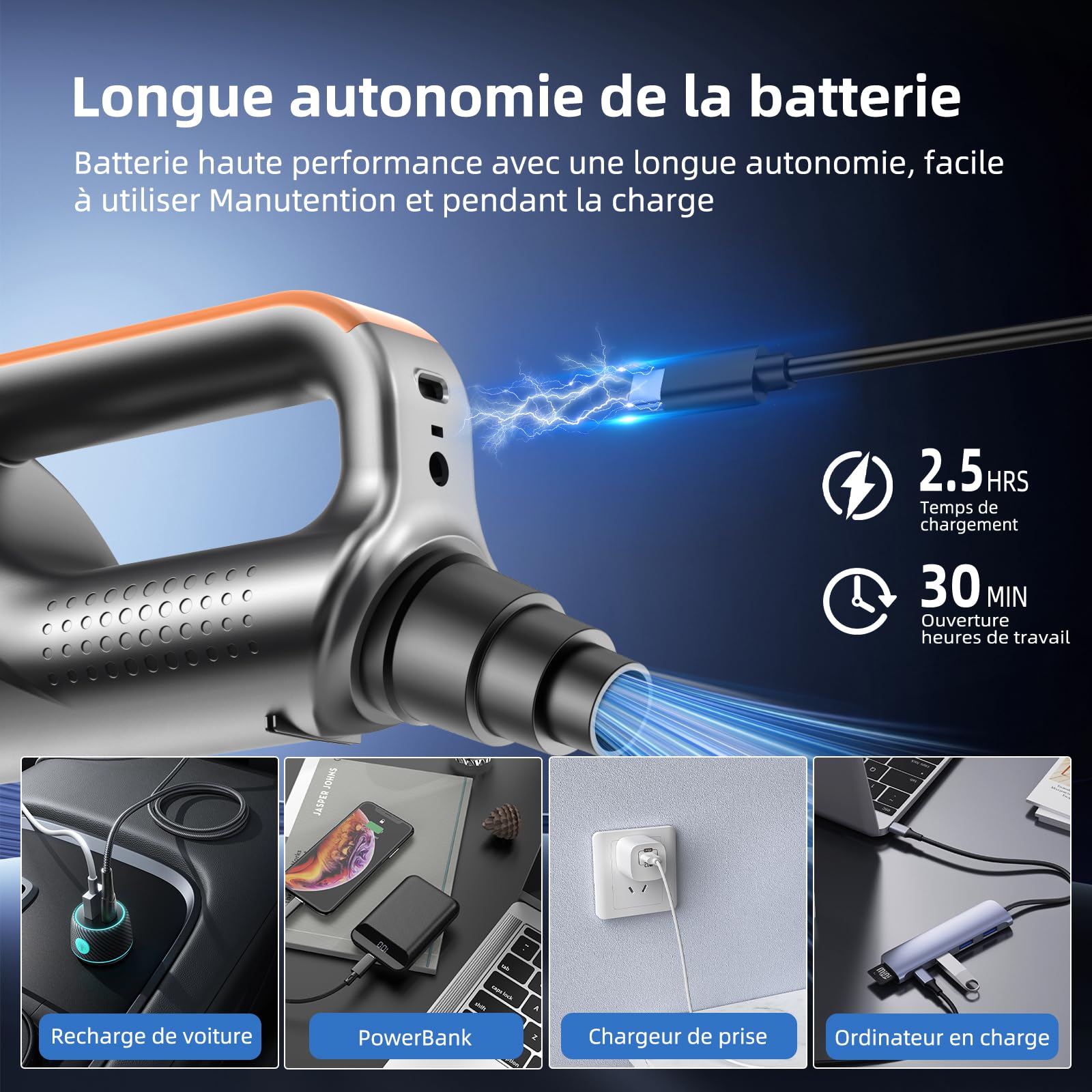 Aspirateur à Main, 26000Pa 4-in-1 Aspirateur sans Fil Puissant, Dépoussiérage par One Pression, Moteur sans Balais, écran HD et Lumière LED, Mini Aspirateur Voiture pour Maison/Bureau/Voiture, Orange