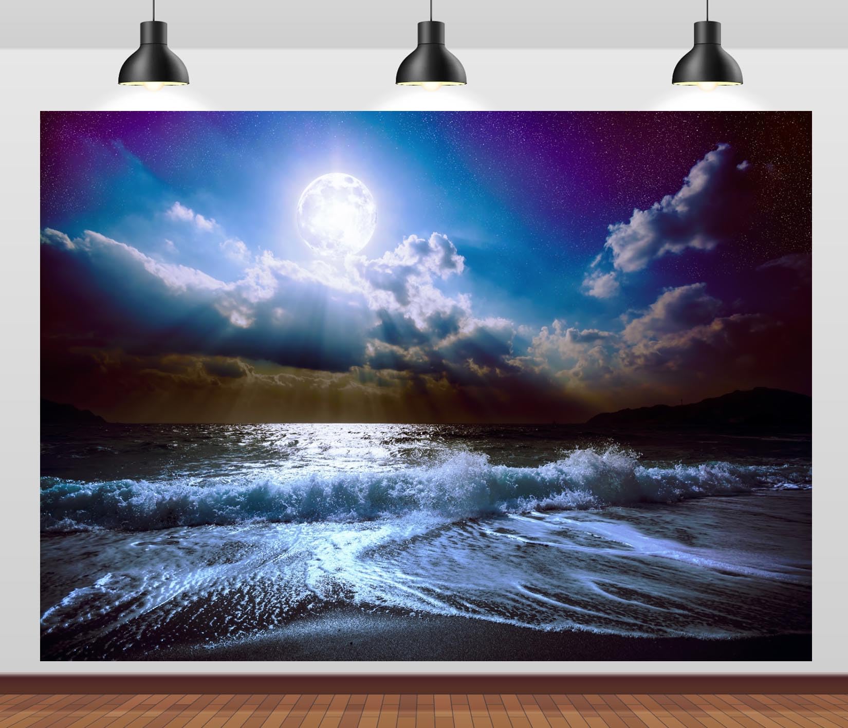 CORFOTO 17x10ft Moon Night Sea Wave Backdrop Beach Moon Night Photography Backdrop Seaside Night Sky Scenery Backdrop Art Portrait Photoshoot Bedroom Wall Decor Prop