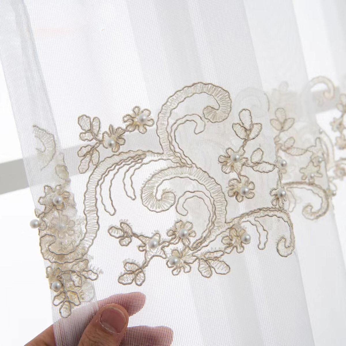 Luxus-Perlen bestickte Tüllvorhänge für Wohnzimmer, Blumen, Seil, Stickerei, Gaze, Fenstervorhänge für Schlafzimmer, beige Tüll, 1 Stück B 600 x H 260 cm, Stoff (kein Nähen)