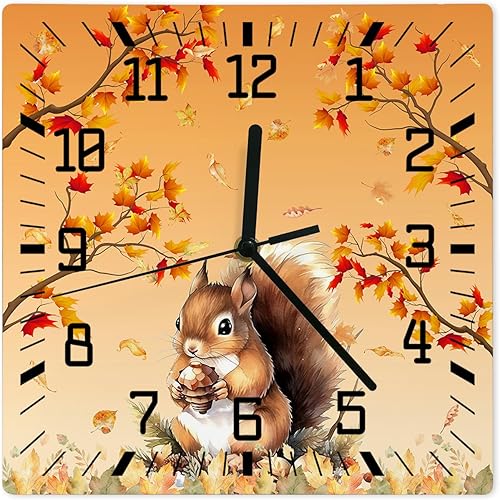 Reloj de pared de madera para Acción de Gracias, silencioso, sin tictac, rama de otoño, hojas de arce, naranja, cuadrado, funciona con pilas, reloj