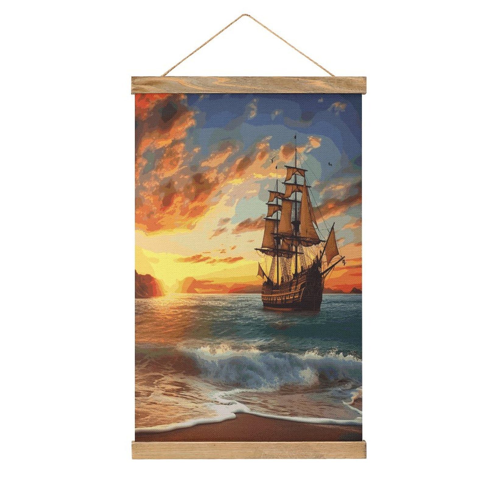 JTREHY Pirate Ship in The Sunset Linen Hanging Painting Vintage Poster Wall Art Prints Personality Style Wall Hanging Poster for Living Room Office Bedroom Decor Frame 13.2 X 20.47 Inch