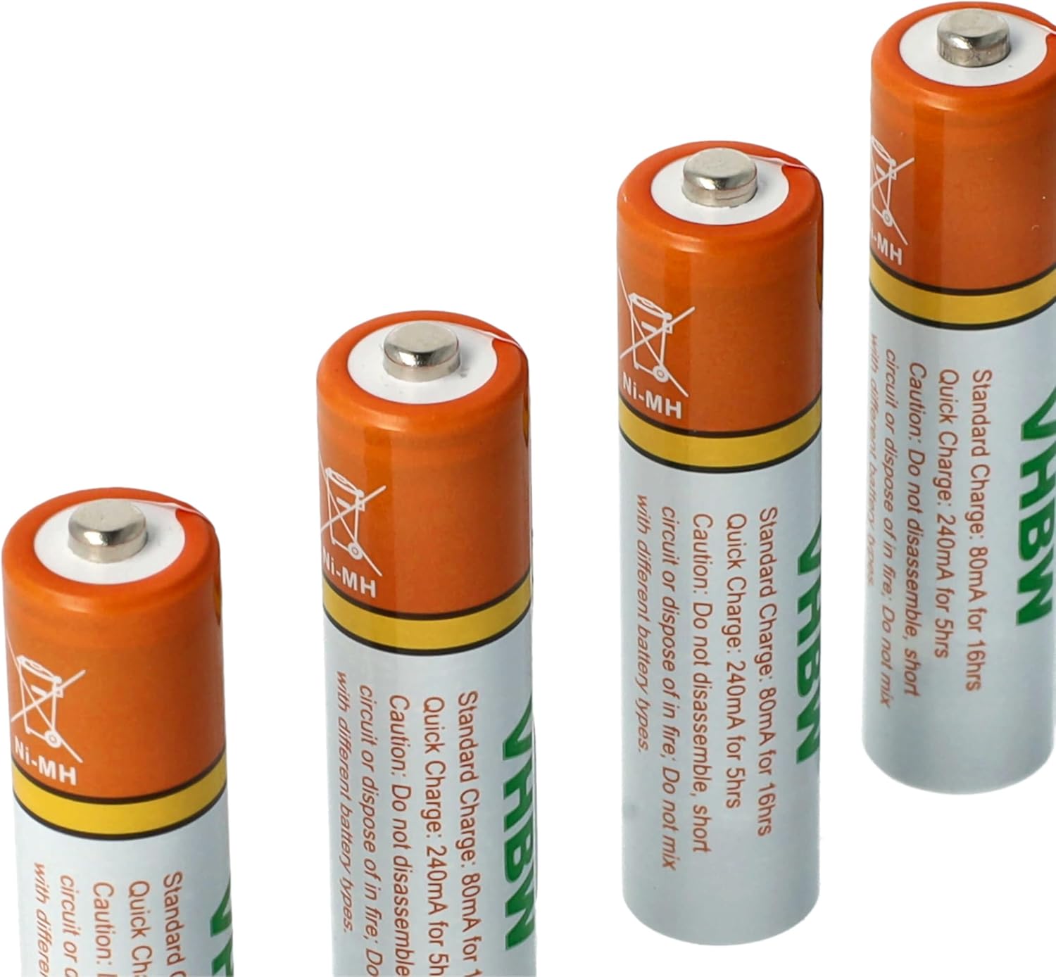 Four vhbw AAA NiMH rechargeable batteries showing charging specifications on their labels.