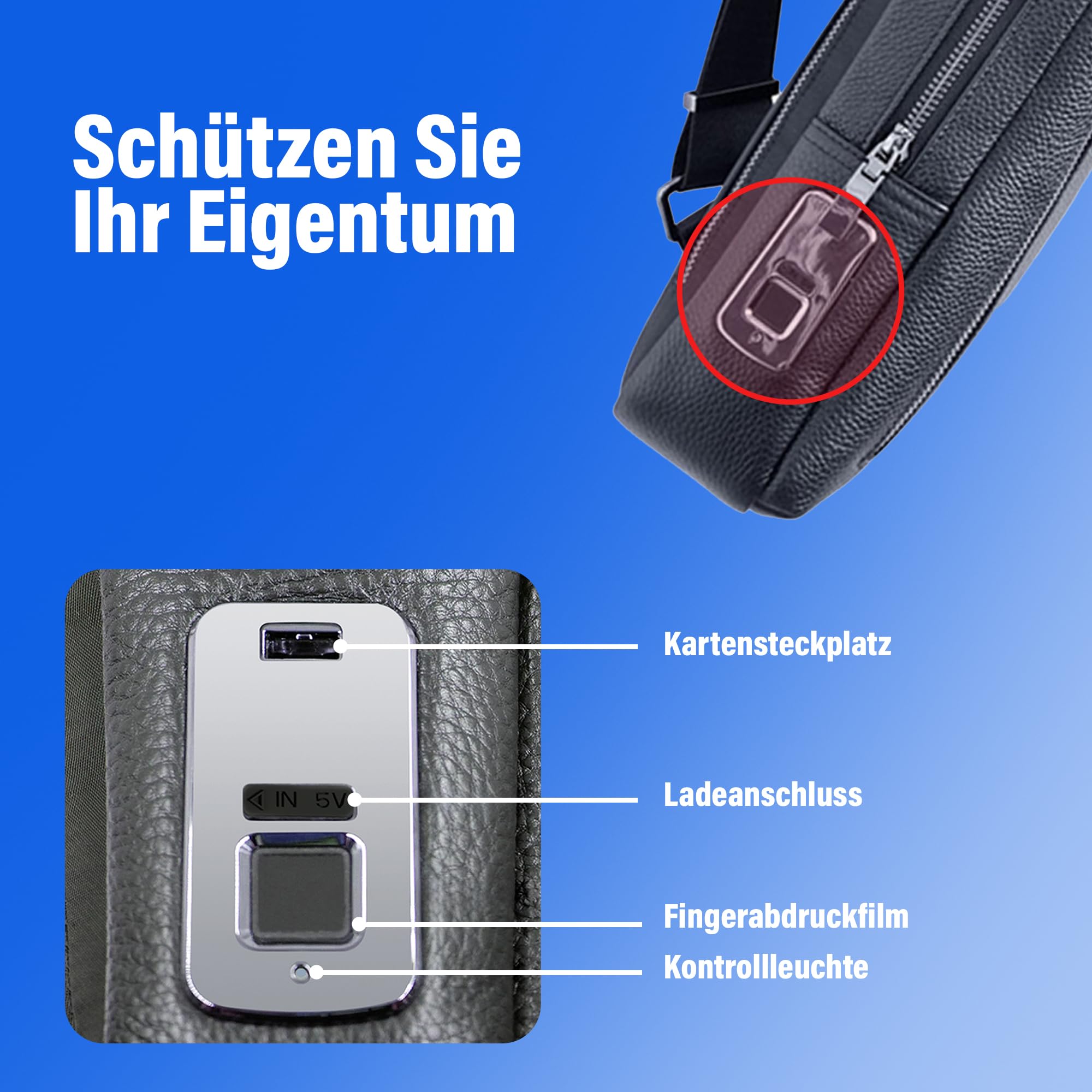 Herren Umhängetasche & Schultertasche mit sicherem Fingerabdruck-Schloss – Echtleder, USB-C Anschluss, diebstahlsicher & wasserfest