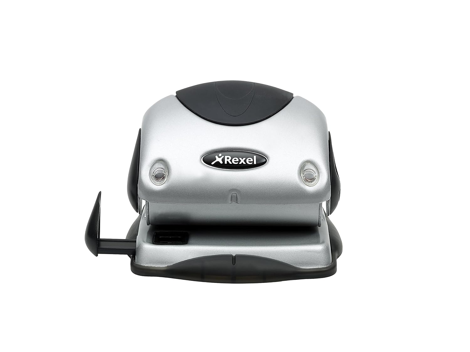 Rexel P215 2-Hole Punch, side view, showing paper guide