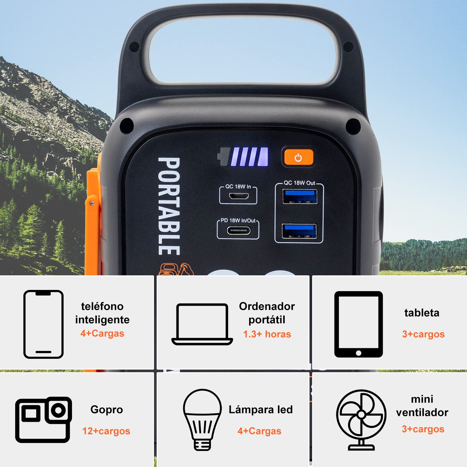 Crank Power Bank 22500mAh, 18W carga rápida USB tipo-C, 83.25Wh generador de energía con luz LED para emergencia camping al aire libre.