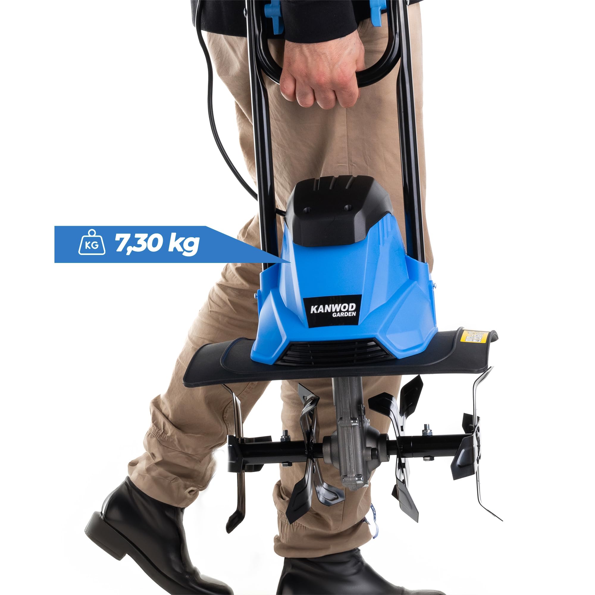 KANWOD Elektro-Bodenhacke, 1500 W, Motorhacke mit 36 cm Arbeitsbreite & 22 cm Arbeitstiefe, Robuste Hackmesser mit vierarmigen Klingen, Gartenfräse zum Umgraben und Auflockern, Schwarz/blau