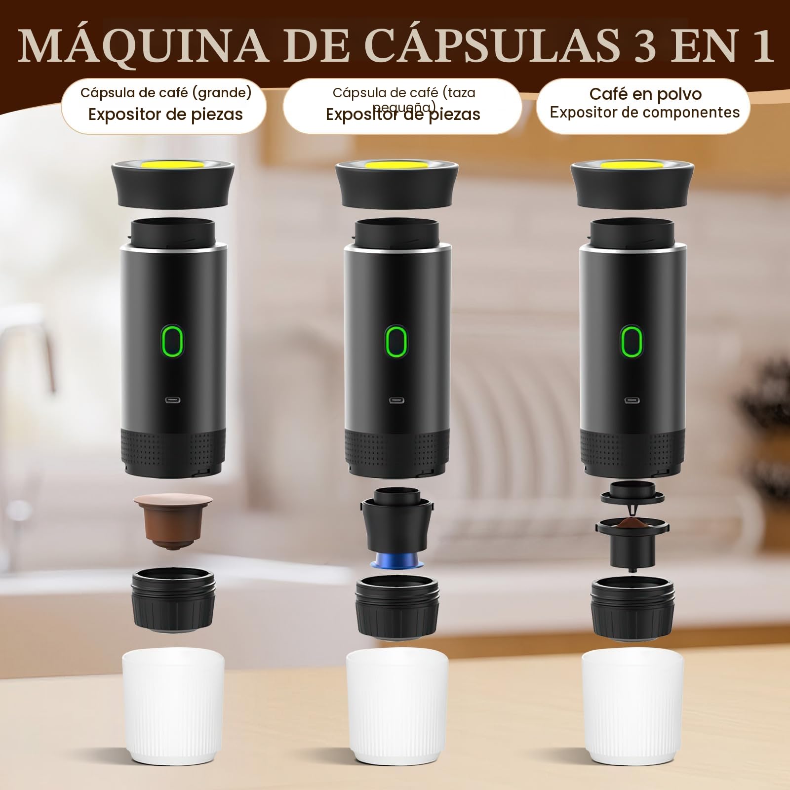 Máquina de café multicápsulas, 3 en 1 cafetera expreso, 4 a 6 minutos de auto-elevación, cápsulas pequeñas, grandes cápsulas, café molido, cafetería portátil para oficina, hogar, coche (blanco)