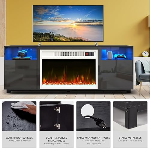 Miniatura 6 de Soporte de TV con chimenea eléctrica de 23 pulgadas, centro de entretenimiento con luz LED de 65 pulgadas con chimenea eléctrica blanca, estantes