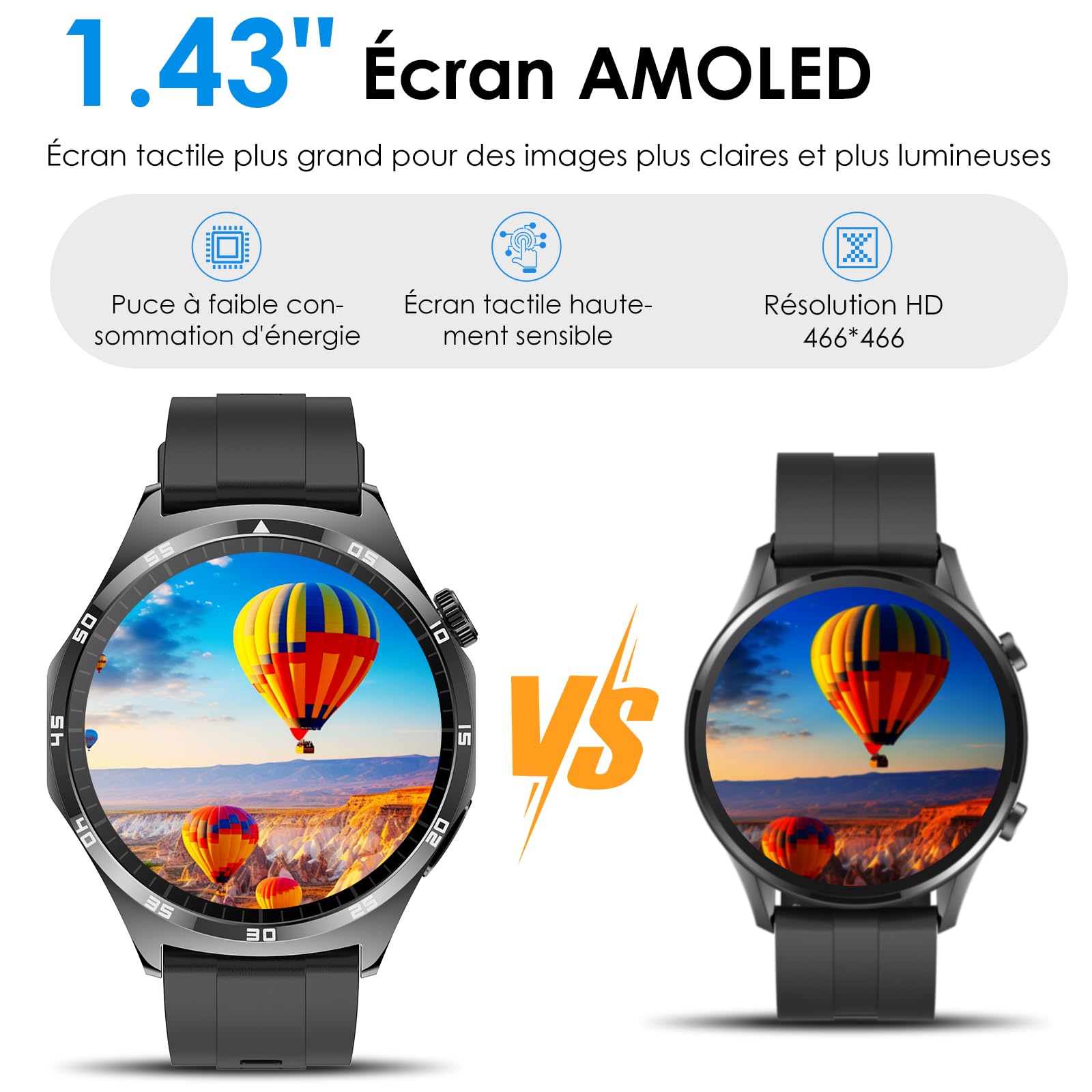 Montre Connectée Homme avec ECG/Sommeil/Tension Artérielle/Modes Sportifs | 1,43" Smartwatch Santé,Montre Sport,24H Fréquence Cardiaque/SPO2/Température Corporelle,Appel Bluetooth/SOS,Pour Android/iOS