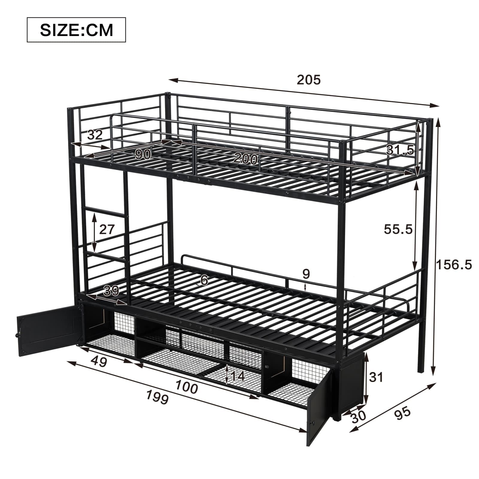 YEHTOKHOME Lit Superposé avec Casiers et étagères de Rangement 90x200cm Lit d'enfant avec échelle Latérale et Barrière Anti-Chute(sans Matelas) (Noir)
