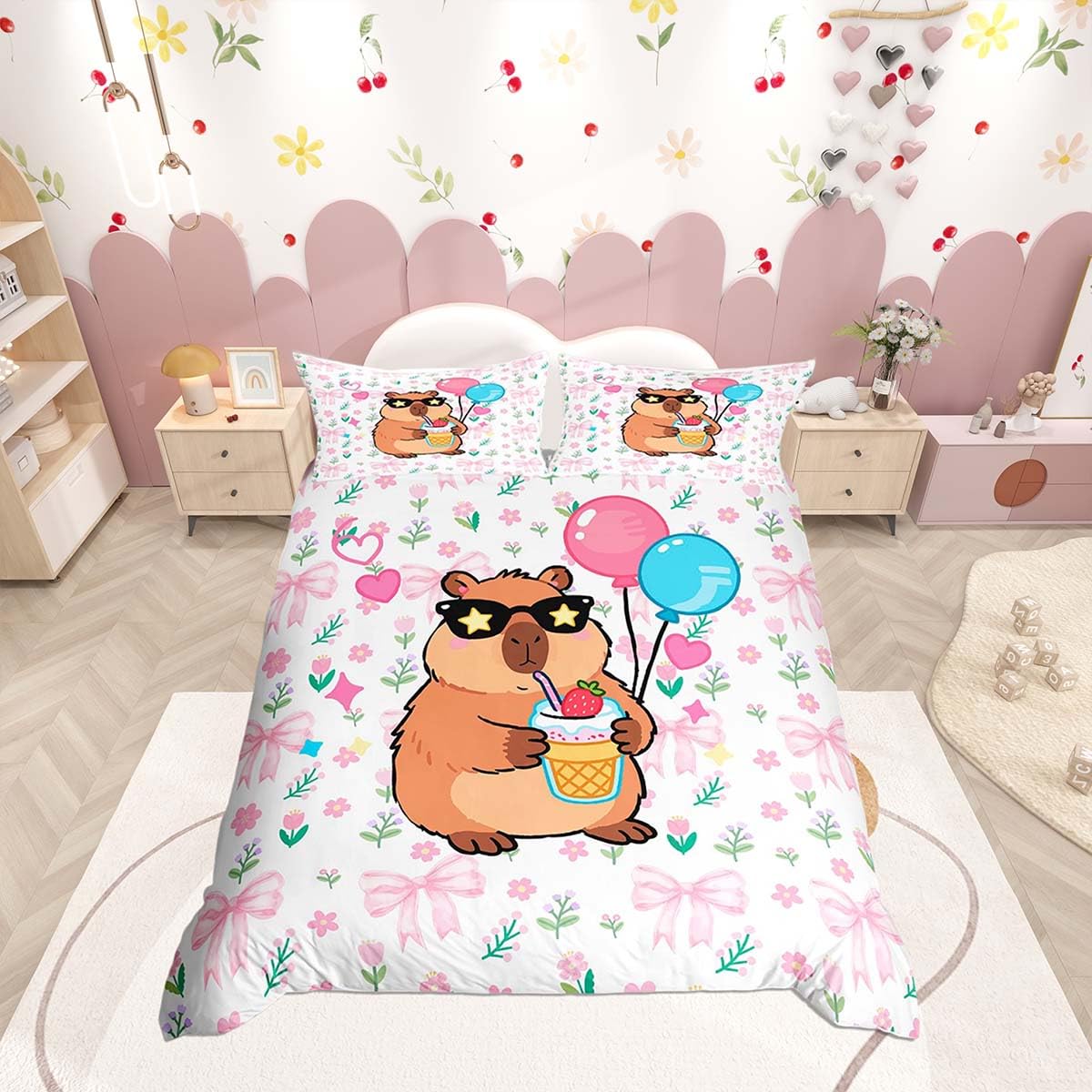 Homemissing Capybaras Bowknot Duvet Cover Set Double Size For Kids Boys Girls Cutes Capybara Bedding Set Bubble Tea Drinking Duvet Cover with 2 Pillowcases Flower Bow Bedding