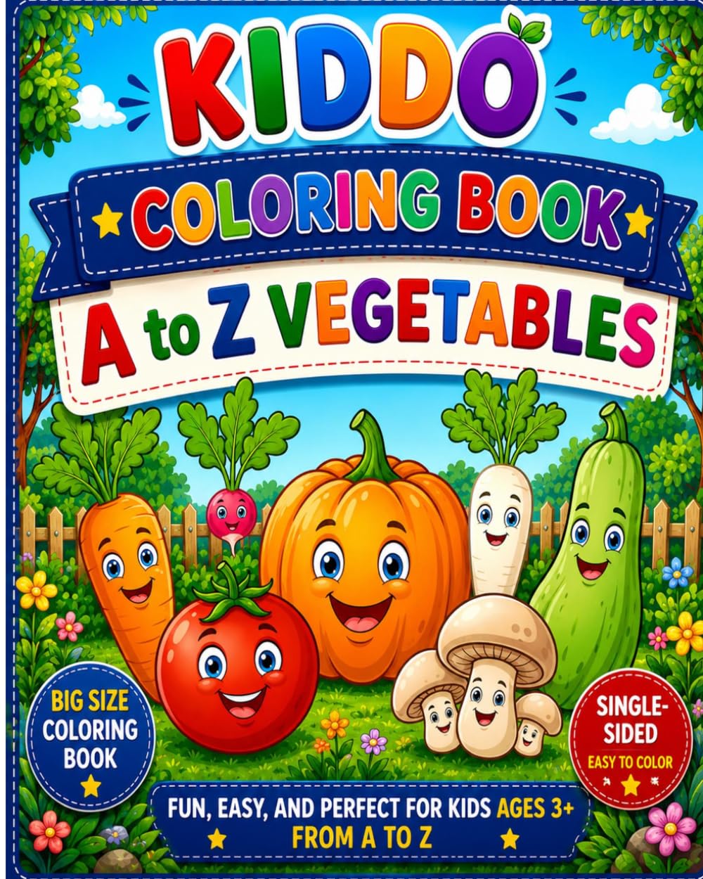 A to Z Vegetables Coloring Book for Kids: Learn ABC with Vegetables | Big Bold Outlines | Easy Coloring Pages for Preschool & Kindergarten (KIDDO Coloring Book)