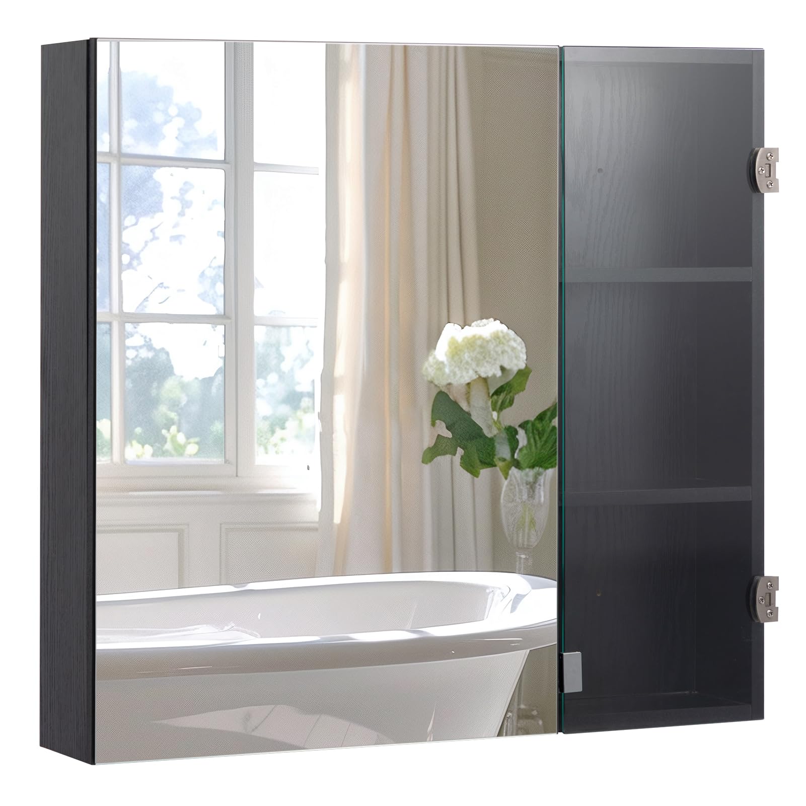 HollyHOME Armario de madera con espejo para baño, un espejo y una puerta de cristal con estante, 75 x 70 x 13 cm, color negro