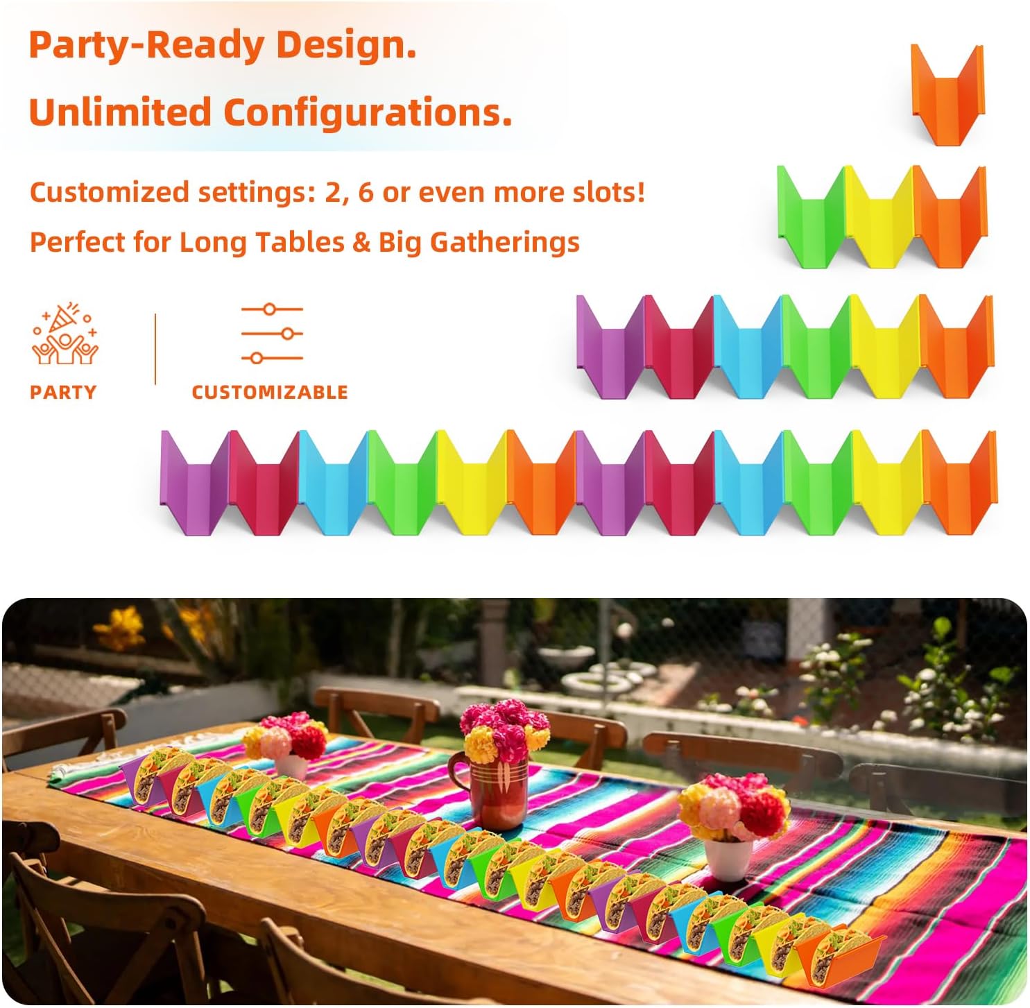 Microwave Safe Taco Holder Set of 6, Colorful Taco Holder Set 2 Sauce Cups, Connectable & Stackable Plastic Taco Stands, Microwave & Dishwasher Safe, Great for Family Meals & Taco Nights