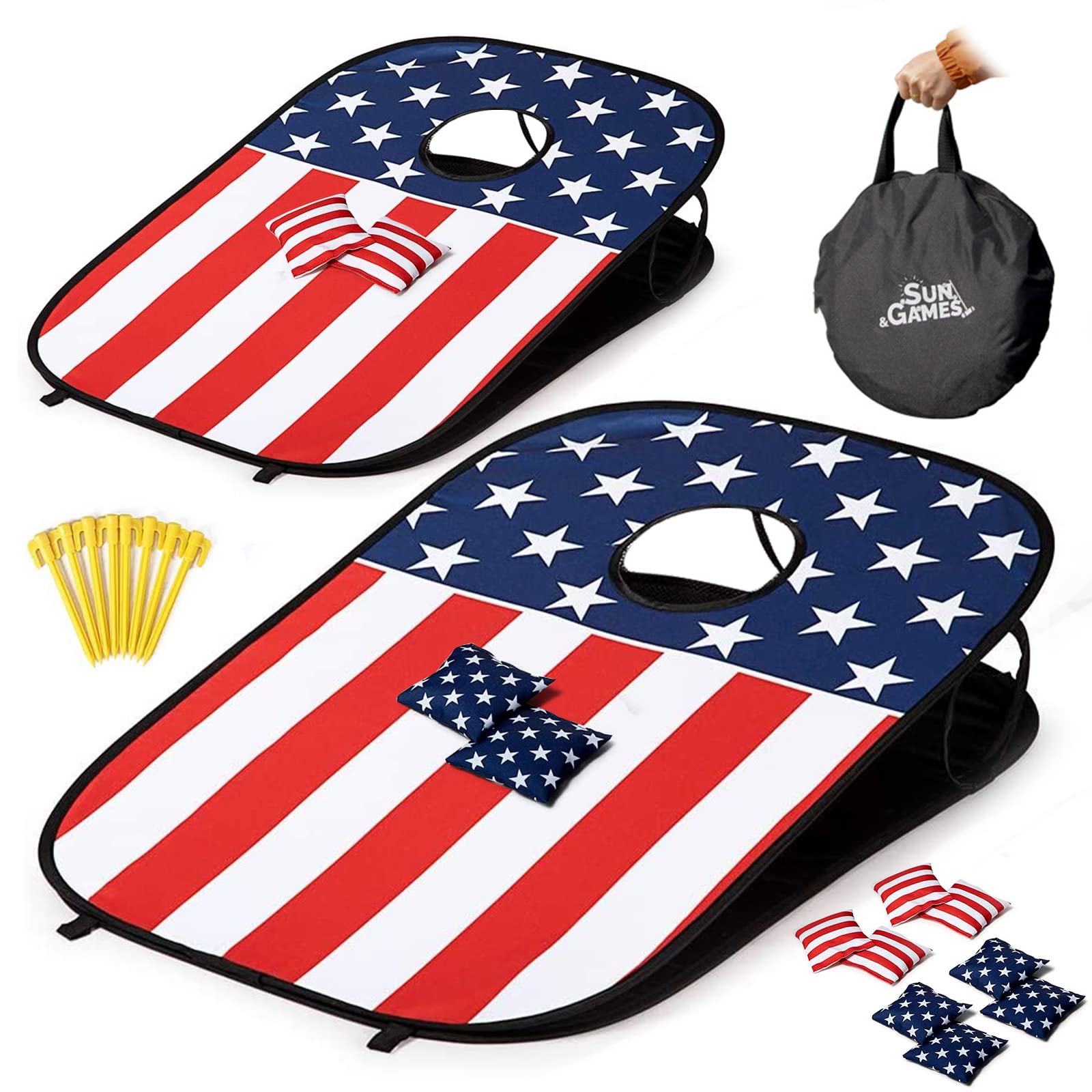 Photo 1 of Portable Cornhole Set Outdoor Game - Collapsible Cornhole Boards Corn Hole Set with 8 Cornhole Bean Bags and Carrying Case for Yard Games, Outside Indoor Fun Activities for Kids Adults Family American flag