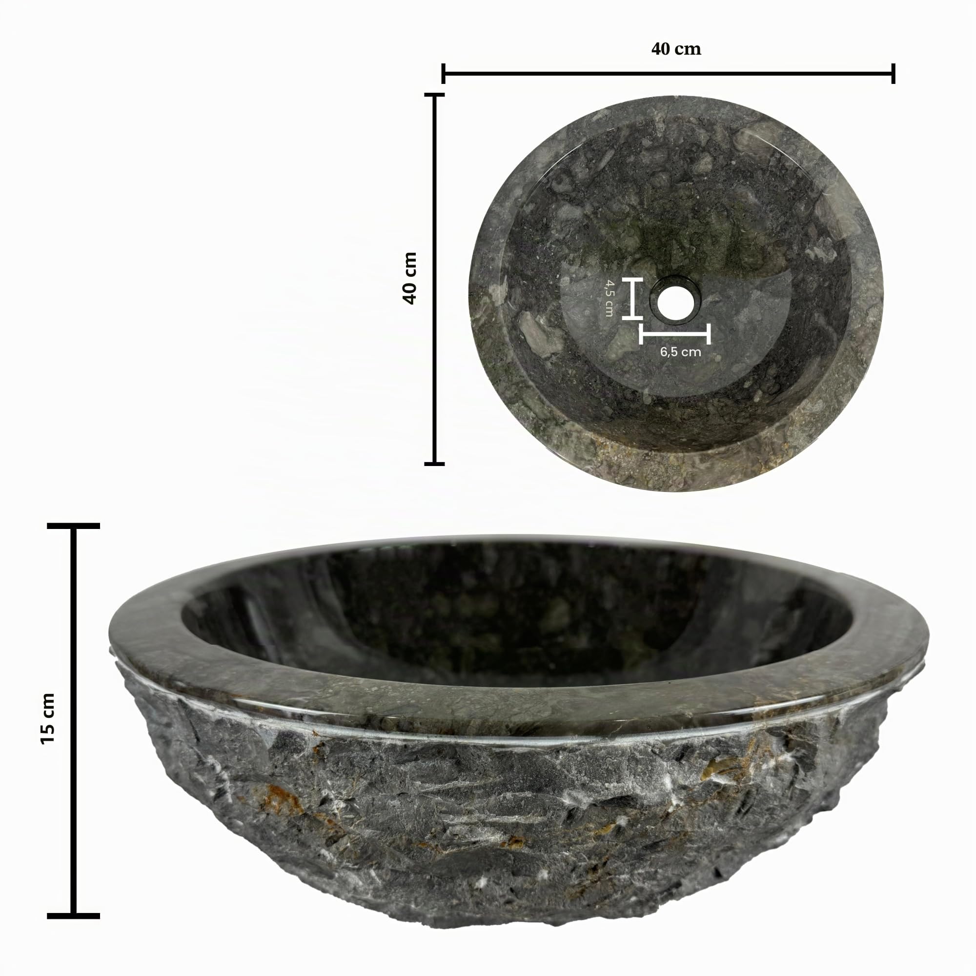 Lavabo Redondo 40x40x15 cm - Cuenca de Mármol - Piedra Natural - Fregadero para baño - Pulido y sólido (Gris)