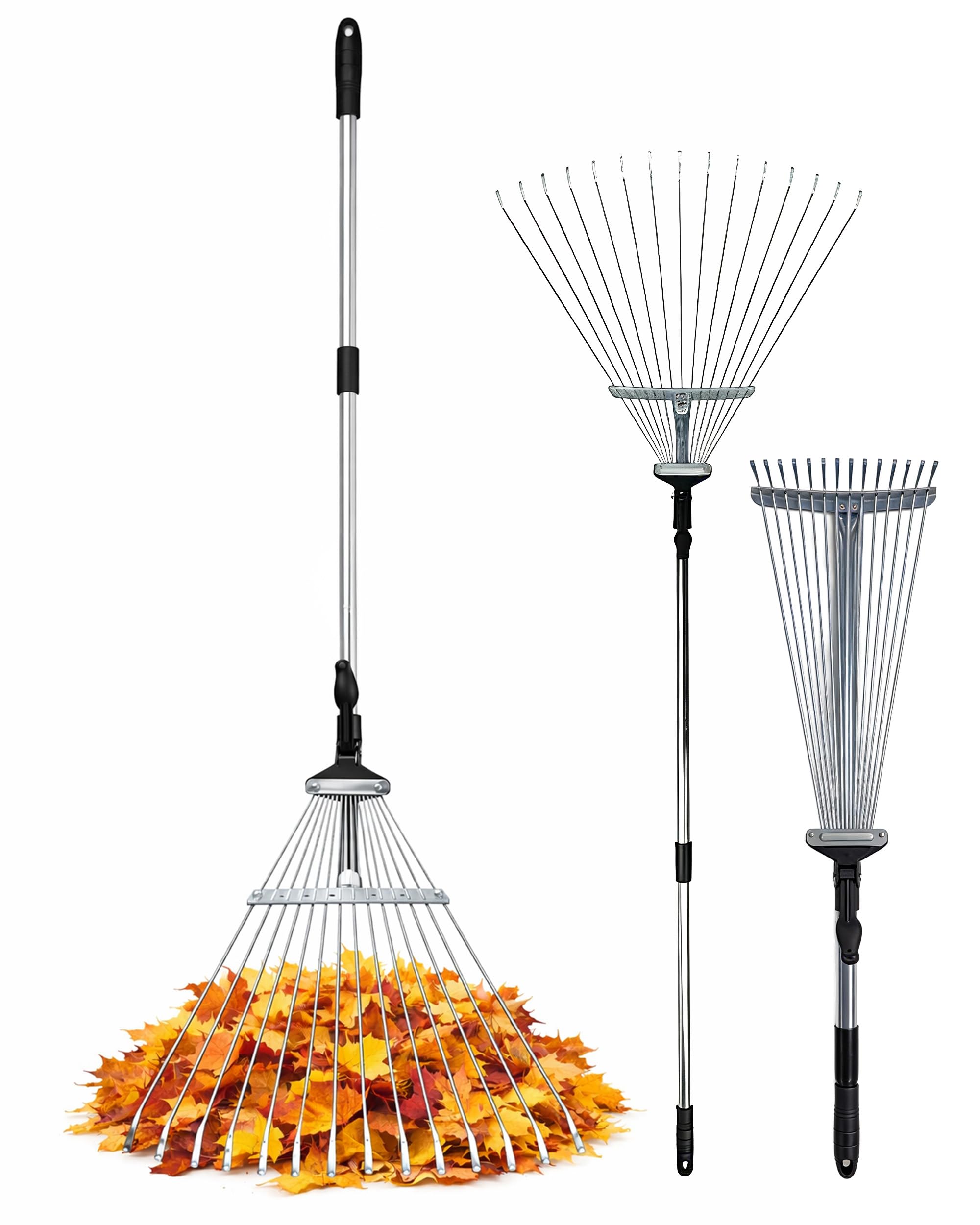 Keplin Garden Rake with Telescopic Handle – 80 to160cm Adjustable Rake, 15 Tine Expanding Metal Rake for Leaves, Lawn, Yard & Soil Cleanup, Foldable Space-Saving Design, Versatile Garden Tool