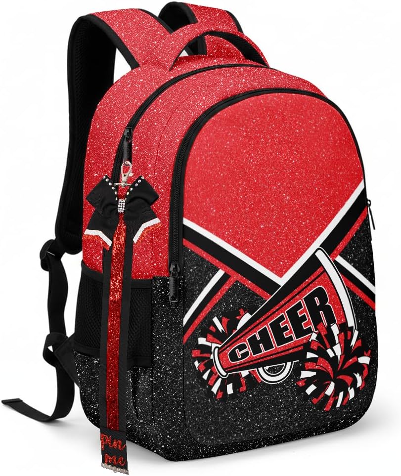 Cheer Backpack with Ribbon Keychain, Glitter Cheerleading Backpack for Women, Cheerleader Gifts (Red)