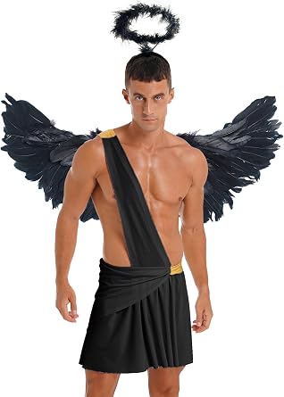 Moily 3Pcs Mens Adult Angel Costume One Shoulder Strap Ruffle Skirt for Halloween and Themed Parties