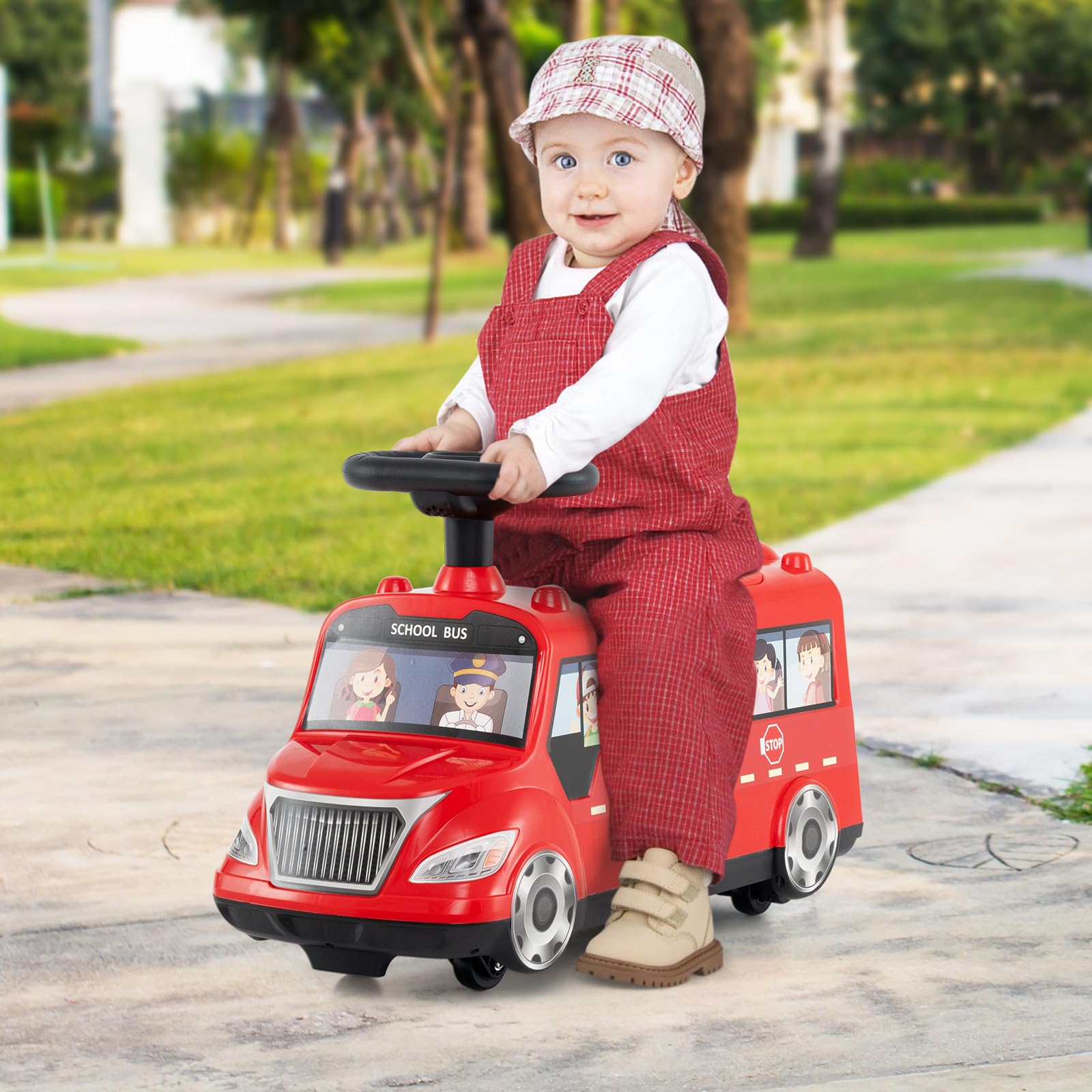 COSTWAY Auto a Spinta per Bambini, Autobus da Passeggio con Pulsante Musicale Comparto di Stoccaggio Blocco Antiribaltamento, Ideale per Bambini 19-36 Mesi