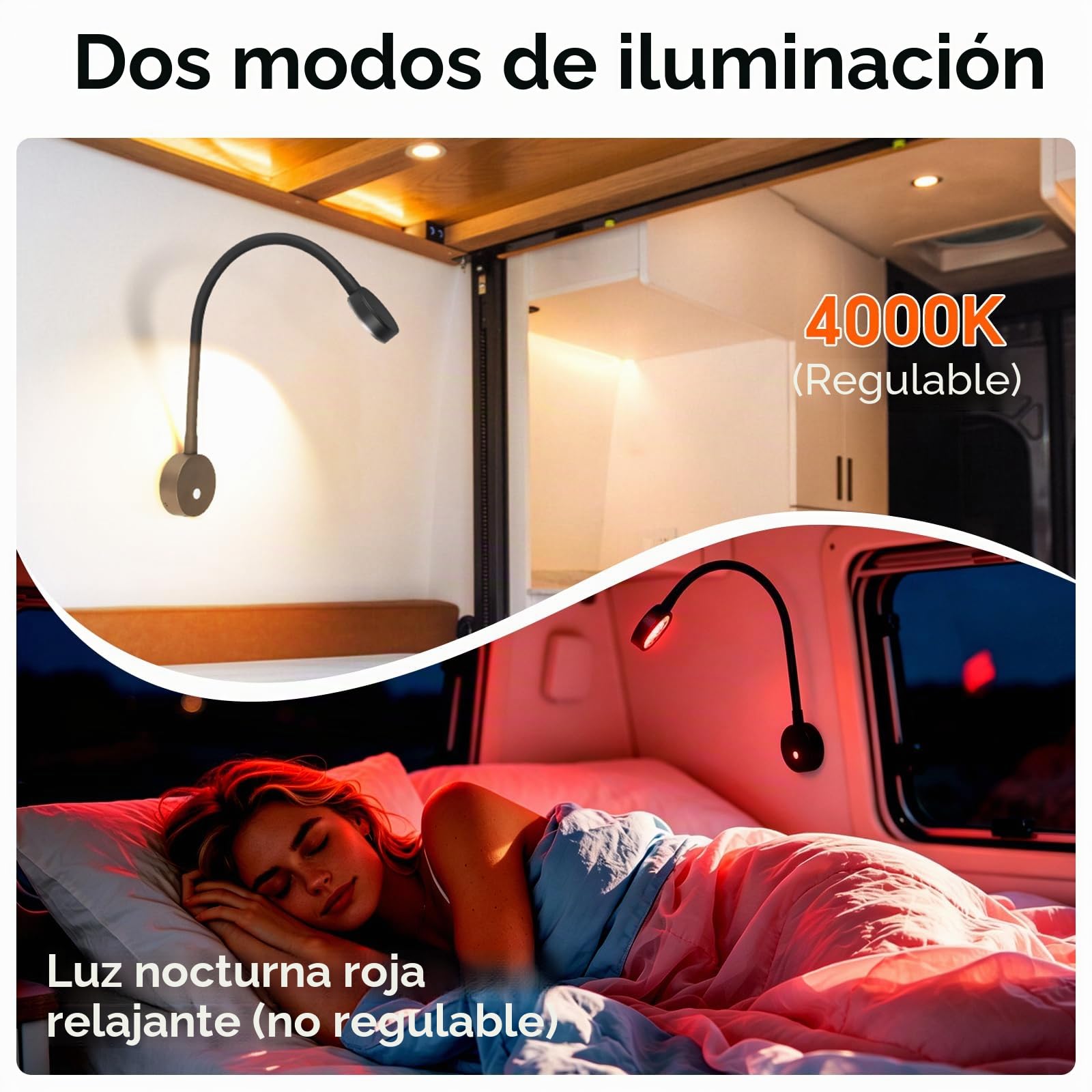 Lámpara de lectura LED 12V Regulable para Autocaravana Furgo Barco Van, Equipado Cargador USB& Luz Nocturna Roja 254lm 24VDC Flexible Cuello de Cisne Junto a la Cama de Pared Luz de Lectura