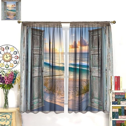 Miniatura 4 de Cortinas opacas para puerta de granero verde azulado con diseño de océano, playa, estilo hawaiano, puesta de sol, olas de mar, madera retro,