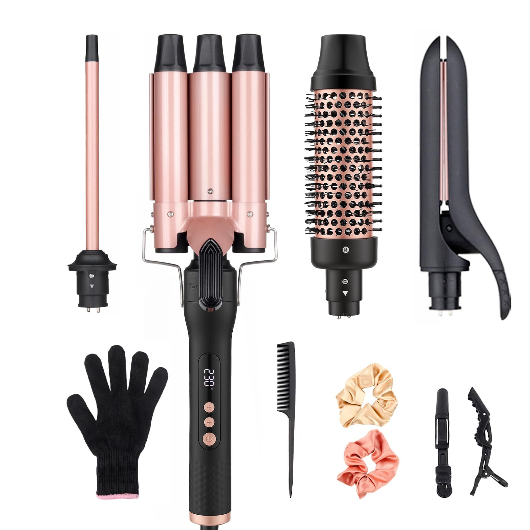 UNOBEY 4 in 1 Curling Wand Set 3 Barrel Curling Iron Set with Thermal Brush