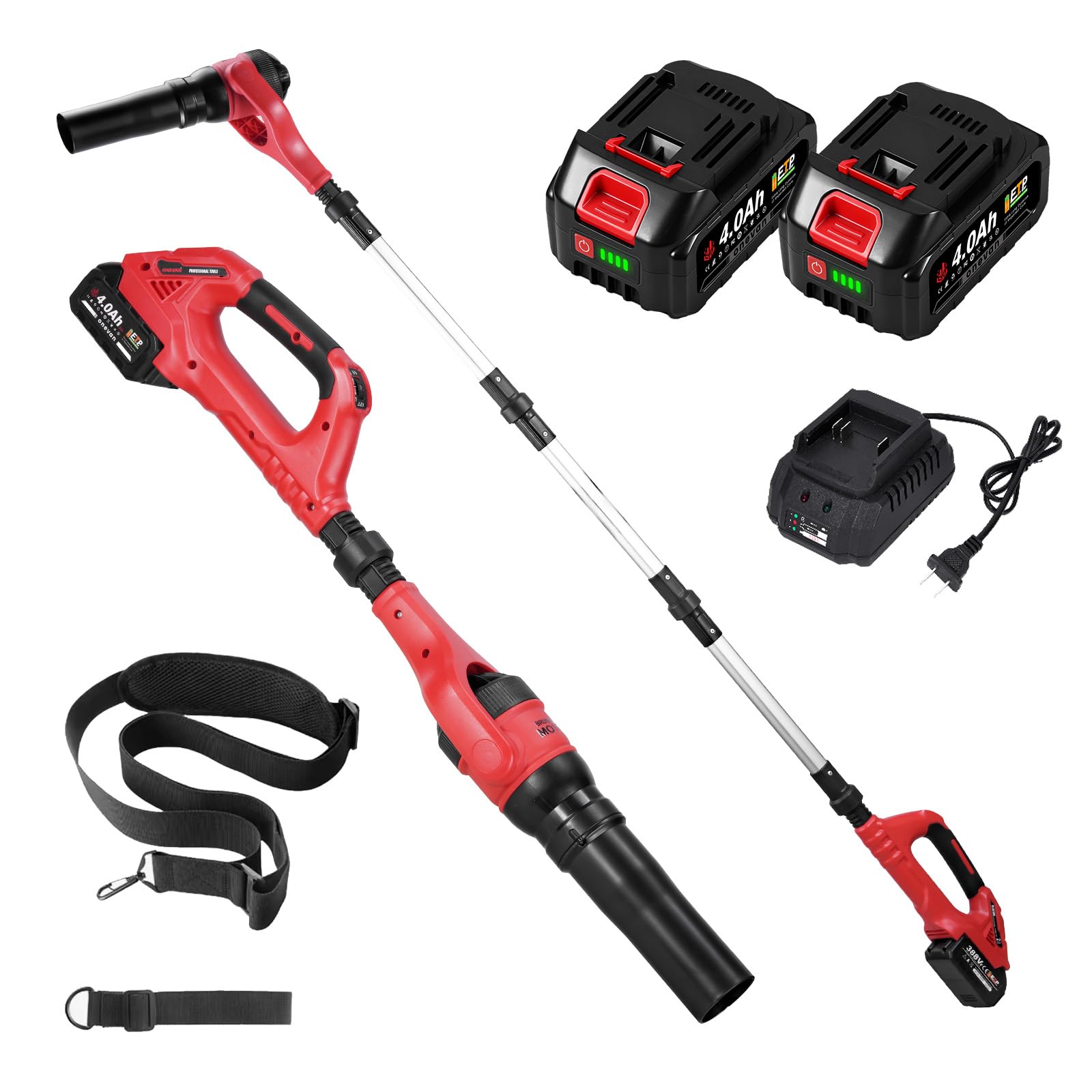 Soplador de Hojas bateria telescópico, 2 en 1 soplador y Limpiador canalone | 200km/h, sin escobillas, giratorio 270°, pértiga de 2,4m, 2 baterías 4,0Ah y cargador rápido 1,2A, para limpieza de tejados
