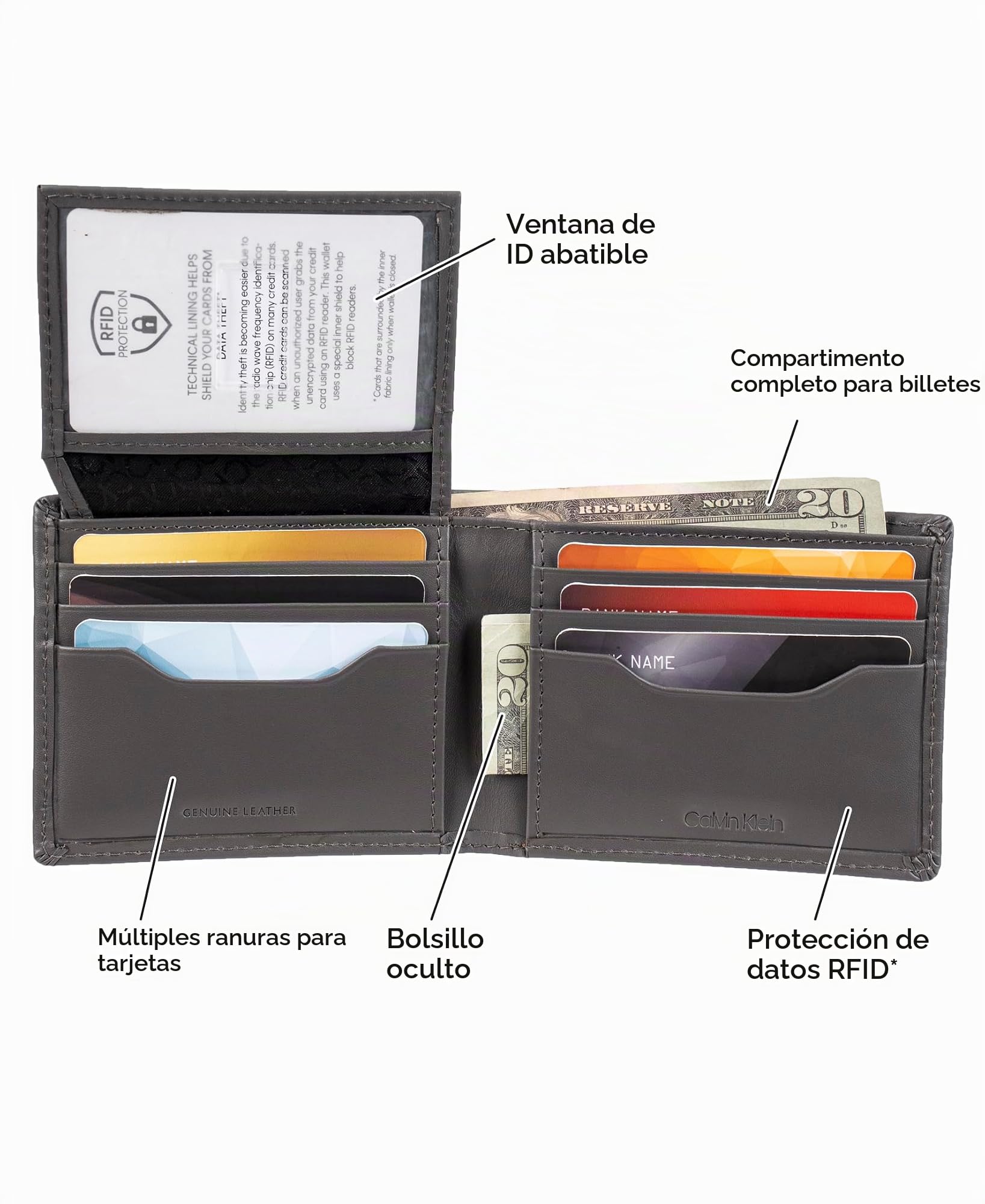 Calvin Klein Cartera Plegable Minimalista de Cuero RFID para Hombre