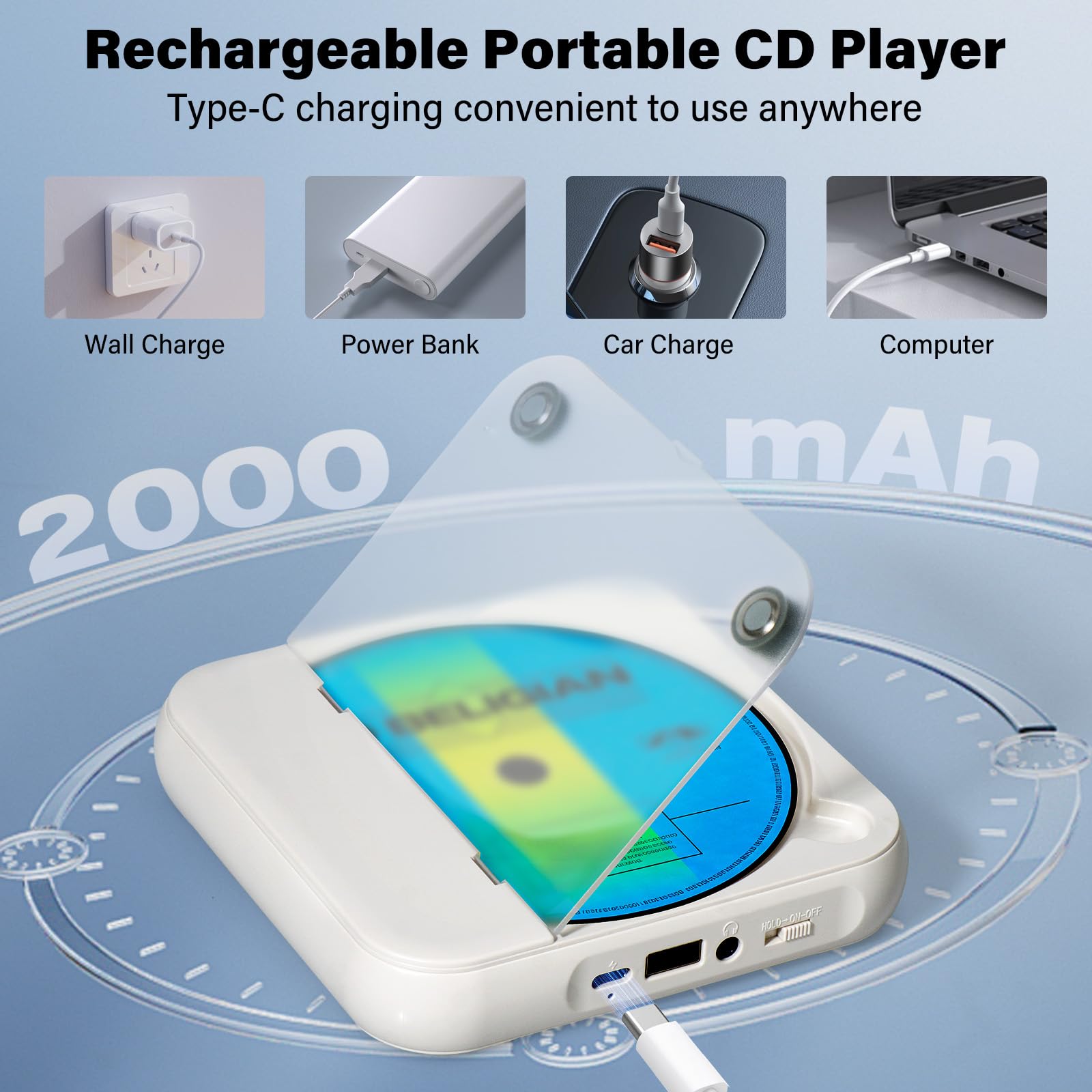 Discman piccolo lettore CD Bluetooth 5.3 con 2000mAh ricaricabile portatile lettore CD con cuffie USB e ingresso AUX per amanti della musica regalo (Bianco)