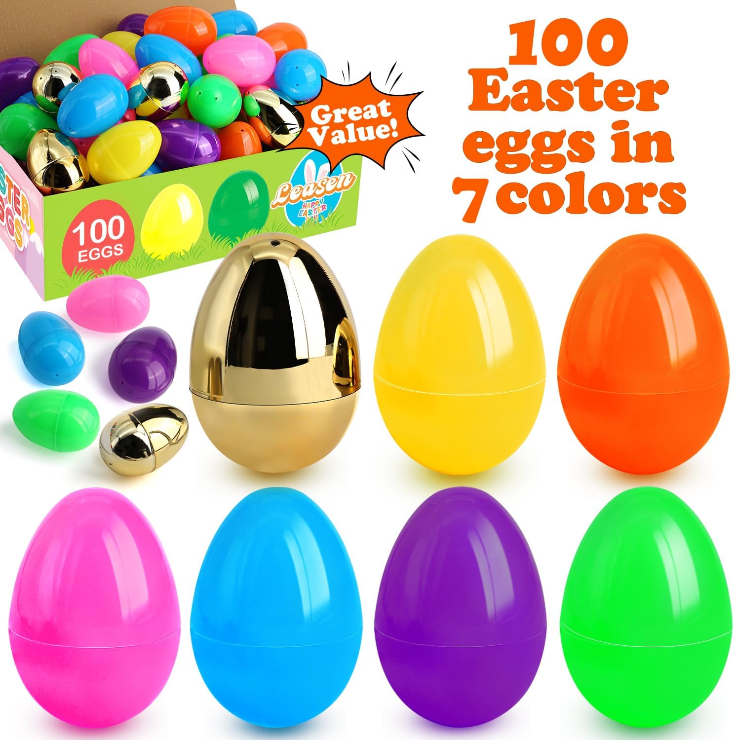 LEASEN [ 6 Surprise Golden Eggs ] 100 Pack Plastic Easter Eggs Bulks, 2.3 Inch Empty Easter Eggs, Bright Colors Plastic Eggs Fillable for Easter Hunt, Basket Stuffers Fillers, Easter Party Favor
