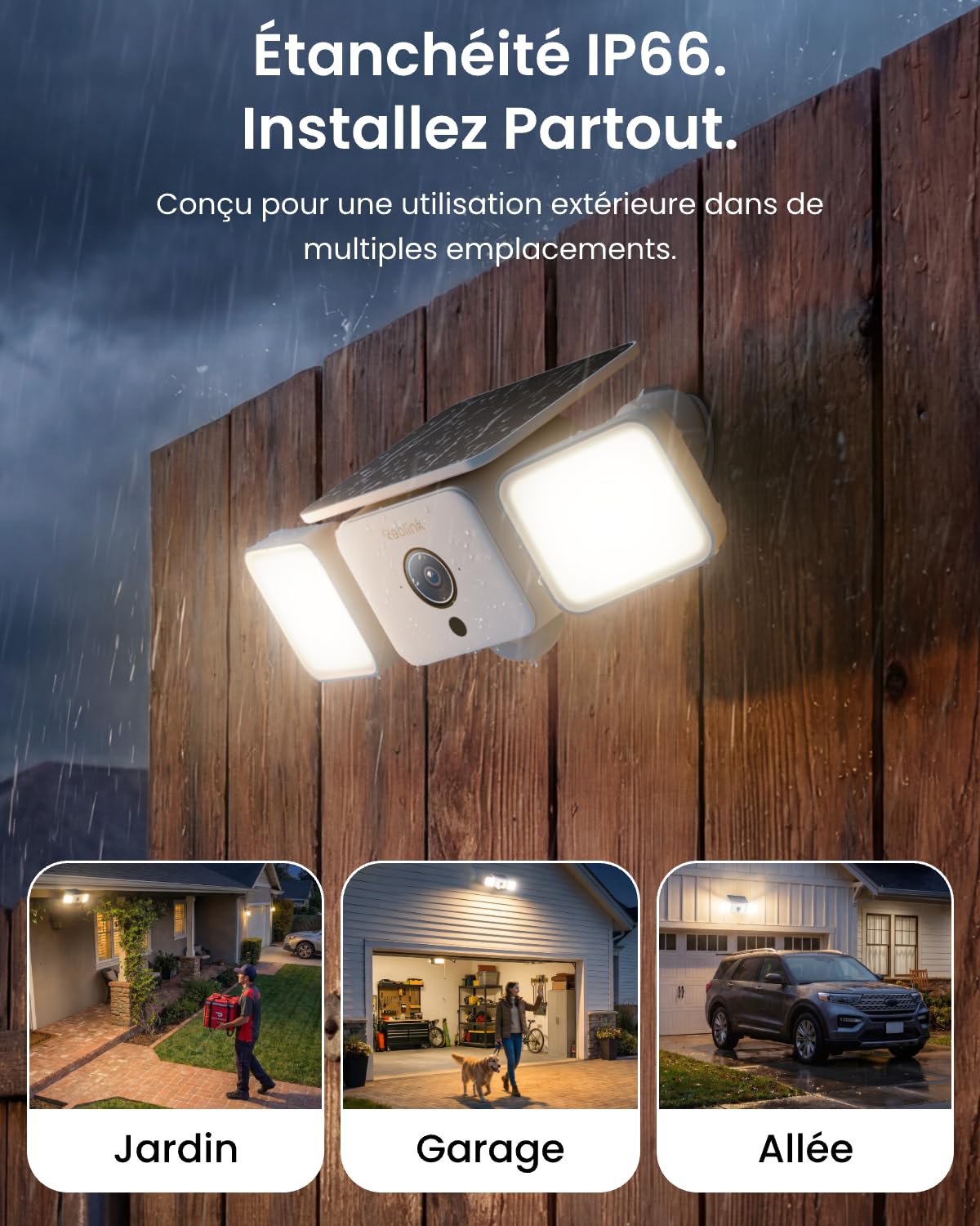 Reolink 2K Caméra Solaire Projecteur 150°, 1000LM, Solar Floodlight Cam | Alarme Sirène, Détection AI/PIR, Vision Nocturne Couleur, Wi-Fi 6 Bi-Bande, IP66 Étanche, SolarEase Panneau Solaire Intégré