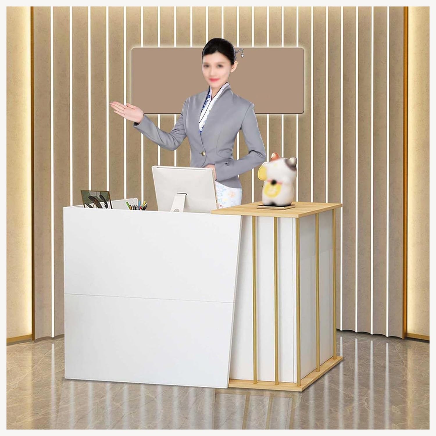 Bancone Reception Piccolo con 2 Cassetti e Ripiani, Banco Cassa Moderno in Legno per Salone di Bellezza, Negozio, Ufficio, Hotel o Centro Estetico