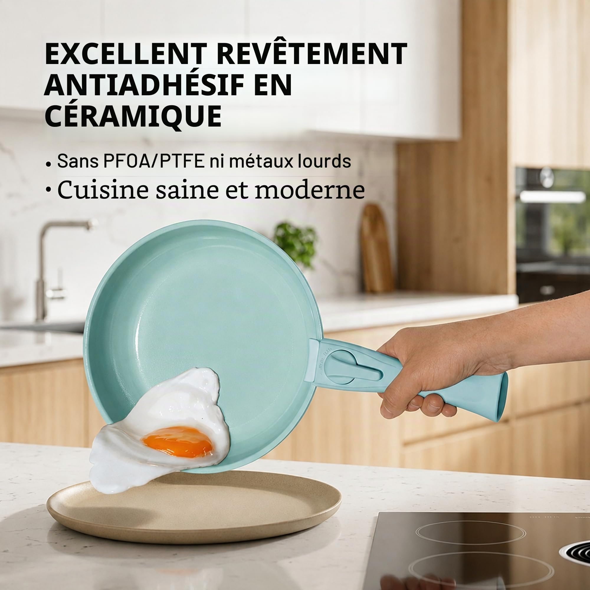 NEOFLAM® - Lot de 8 casseroles et poêles Midas Plus – Revêtement antiadhésif naturel ECOLON®, sans PFAS, compatible induction, poignée amovible, passe au four, nettoyage facile