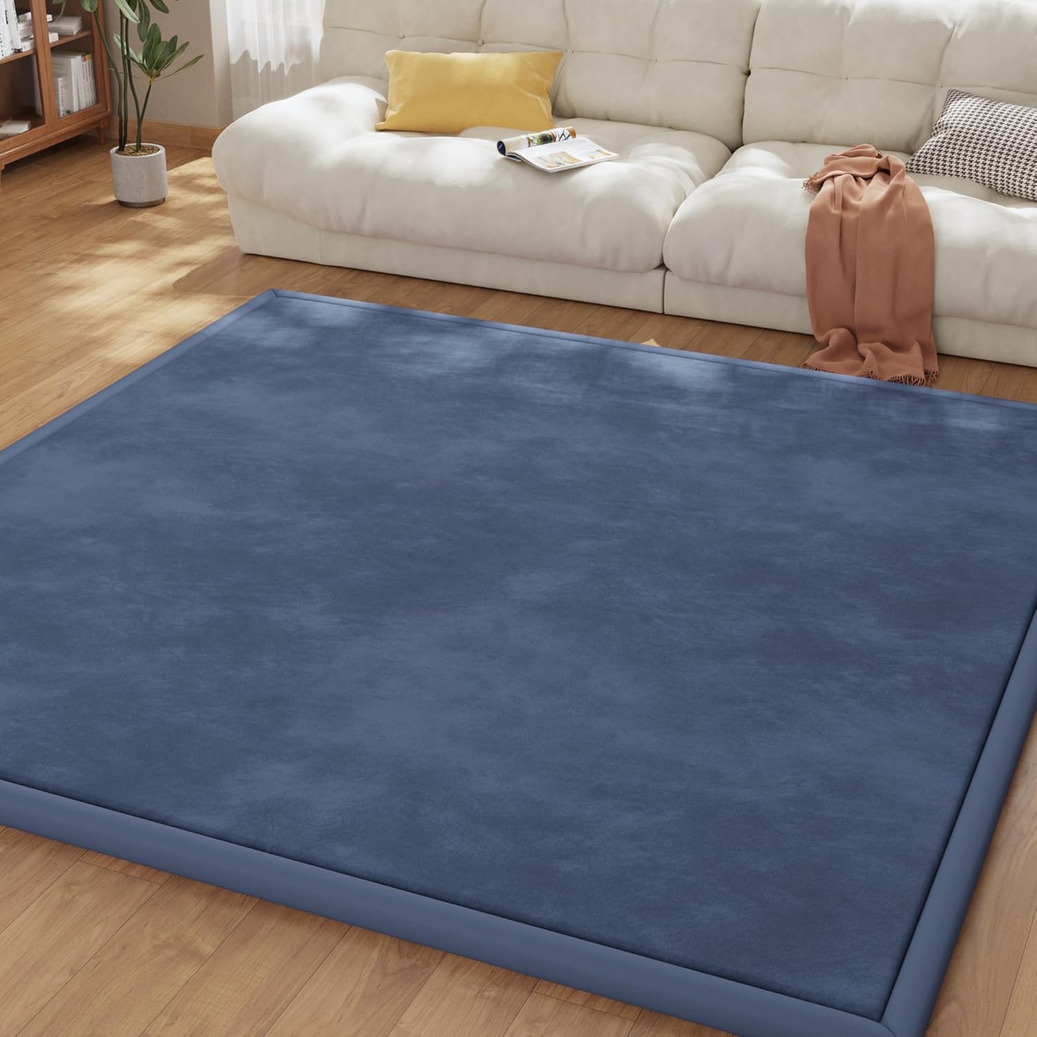 Baby Play Mat for Floor, 1.3'' Thick Memory Foam Tummy Time Mat - Super Soft Coral Velvet Nursery Rug with Non-Slip Backing, Crawling Rug for Toddler/Infants, Yoga & Tatami Use, Dark Blue, 79''x 118''