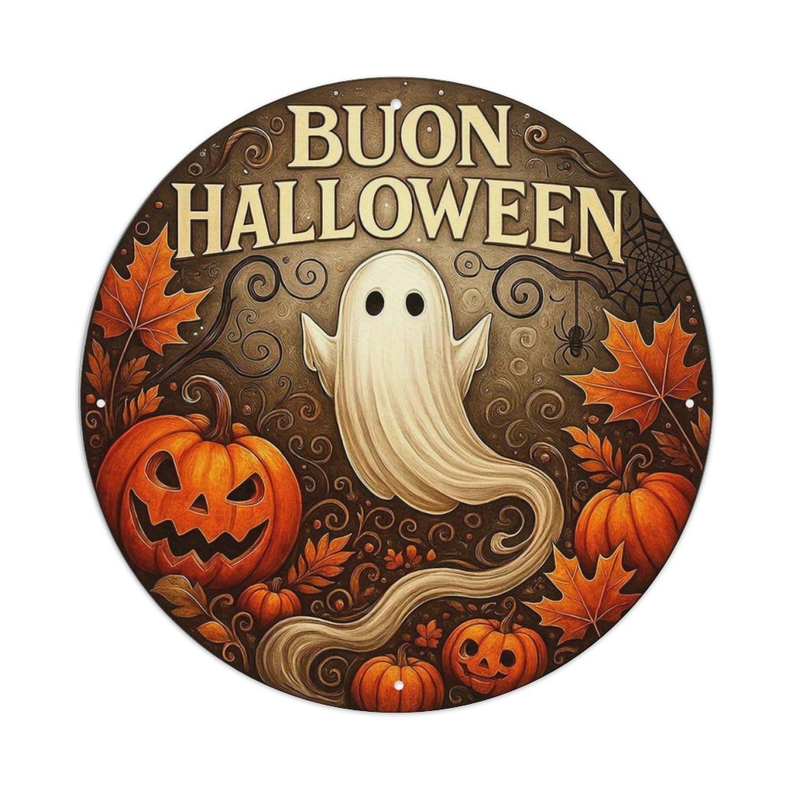 Buon Halloween Ghost Pumpkin Pattern Tin Sign Metal Poster Vintage Metal Signs for Home Man Cave Bar Cafe Kitchen laundry room Wall Decorations 8x8 inches
