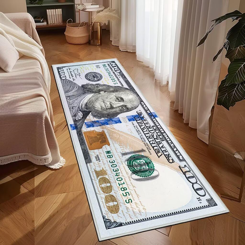 Money Rugs 100 Dollar Bill Runner Rug 2x6,Hundred Dollar Bills Throw Accent Area Rugs,Money Decor Floor Carpets Mat Non Slip Washable Carpet Runners
