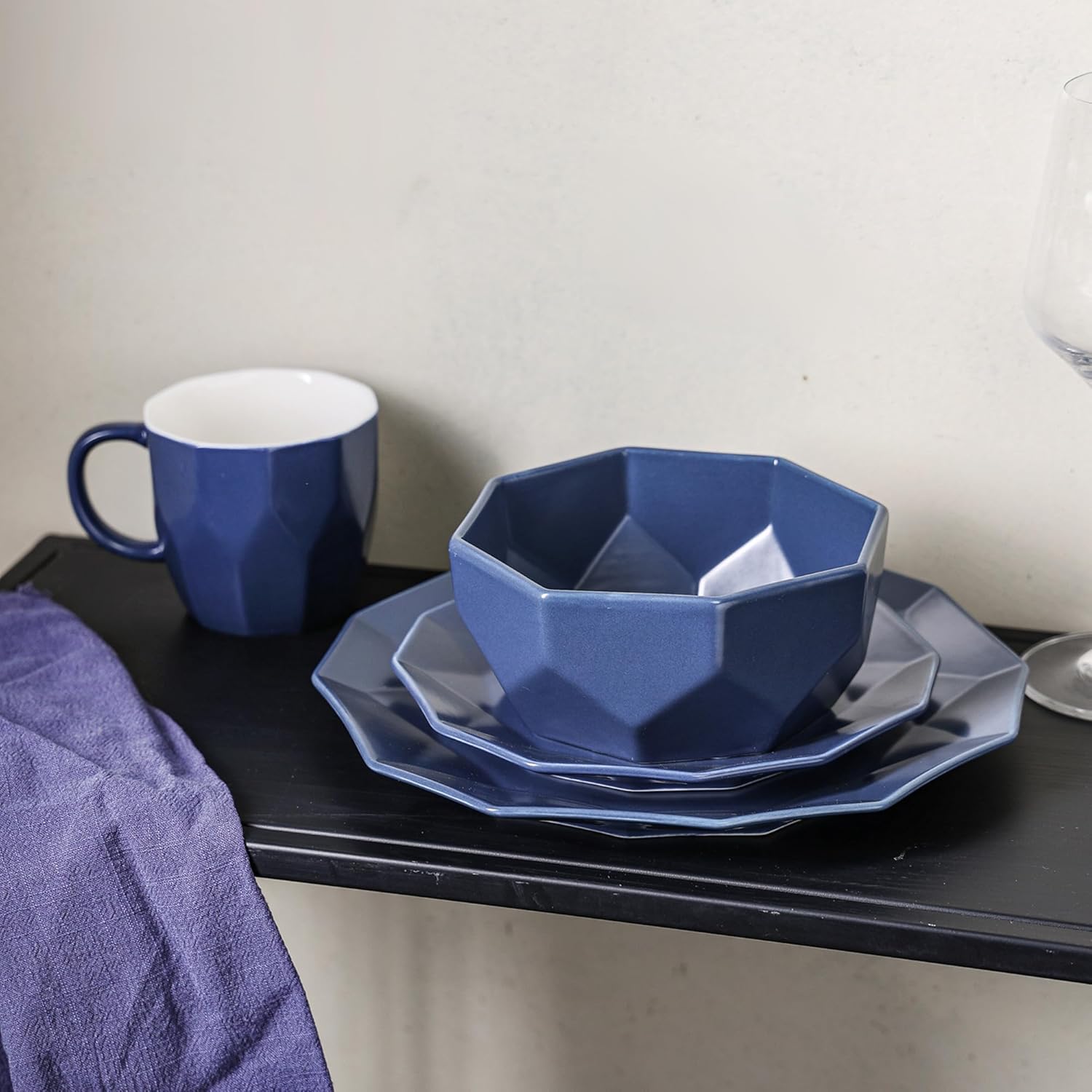 Stone + Lain Jamie Porcelain 16-Piece Geometric Dinnerware Set, Blue