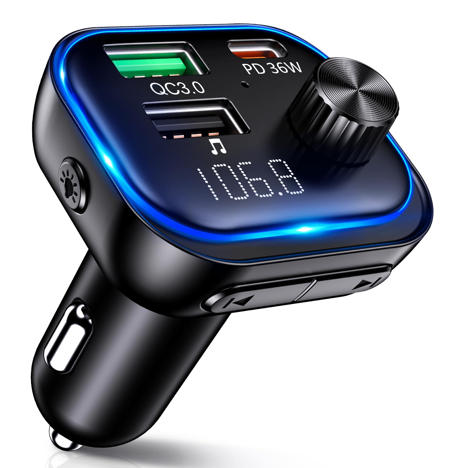 ISEYOU Trasmettitore FM Bluetooth 5.3 per Auto, [36W PD & 18W QC3.0 ] Adattatore Bluetooth Auto a Tre Porte di Ricarica Rapida, Chiamata Vivavoce con Musica Hi-Fi, Luce Commutabile in 7 Colori