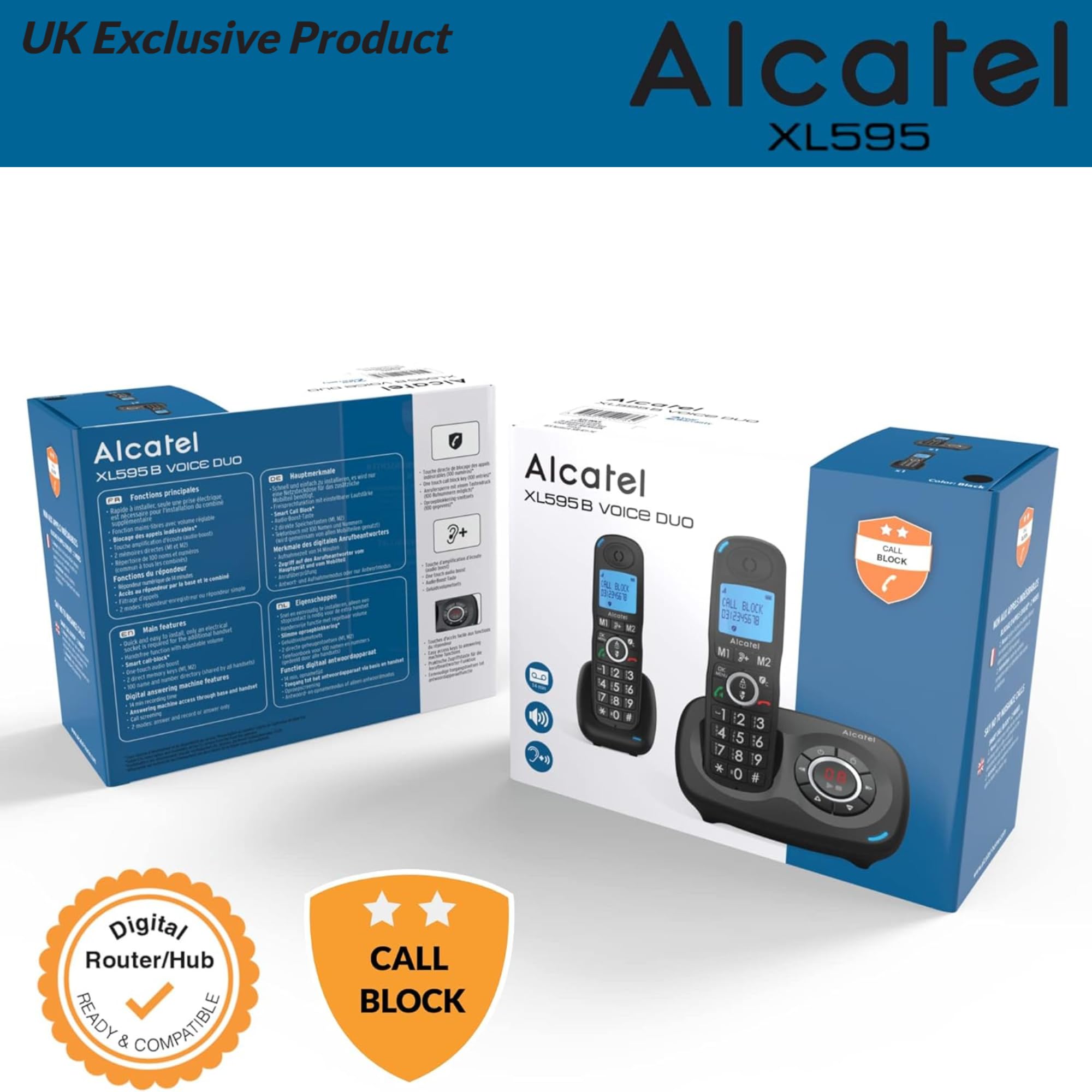 ALCATEL XL595 B Voice Duo - Telefono cordless senior con segreteria telefonica, ampio display retroilluminato, vivavoce, esclusione chiamate - Boost audio - segreteria telefonica 14 minuti - 2