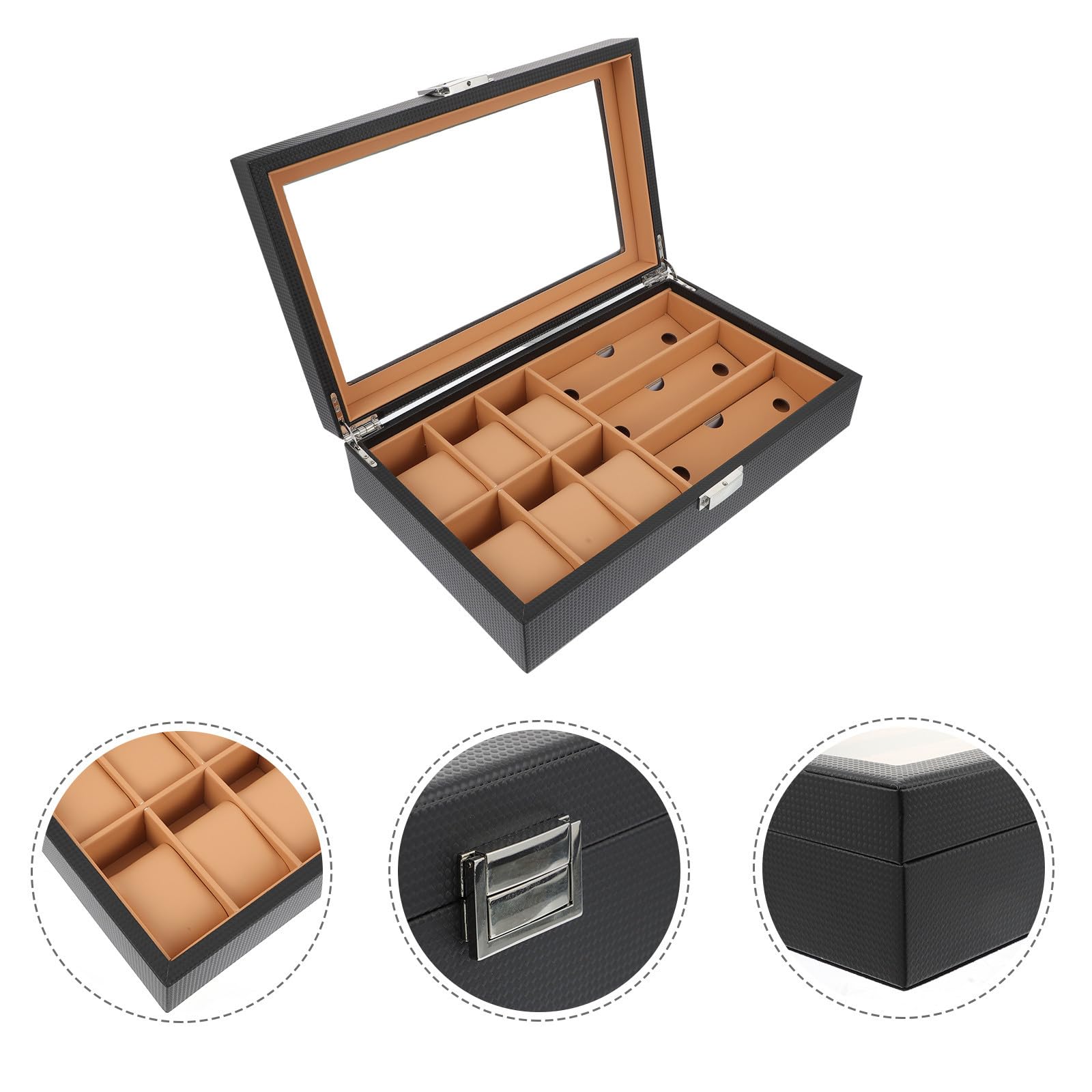 Uhrenvitrine mit 6 Fächern und 3 Brillenfächern, Holz PU