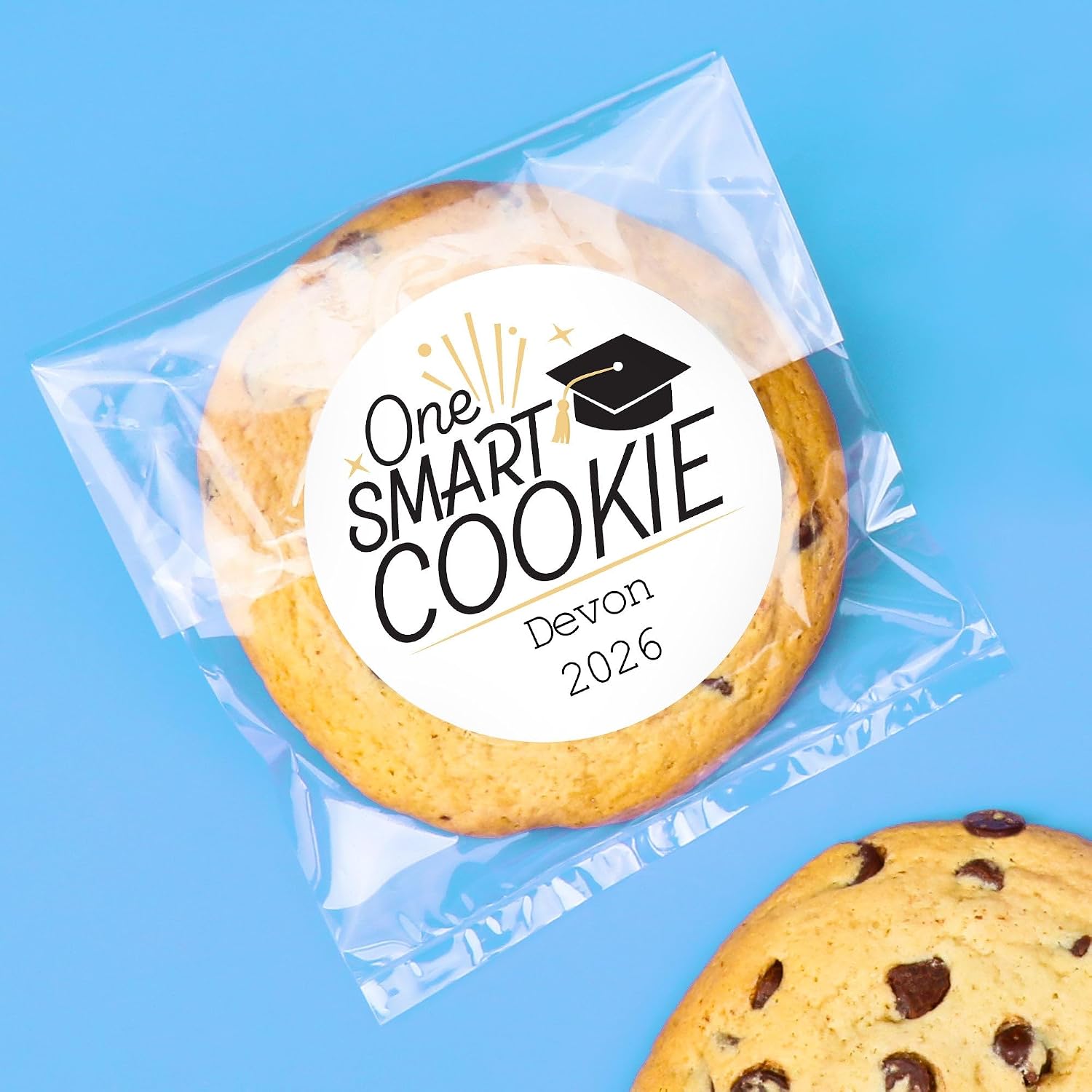 Big Dot of Happiness Personalized Black & Gold Grad One Smart Cookie Stickers and Clear Bags, Cellophane Treat Bags 4.25x7 Inches, Custom Graduation Party Favor Gifts Candy or Baked Goods - 100 Count