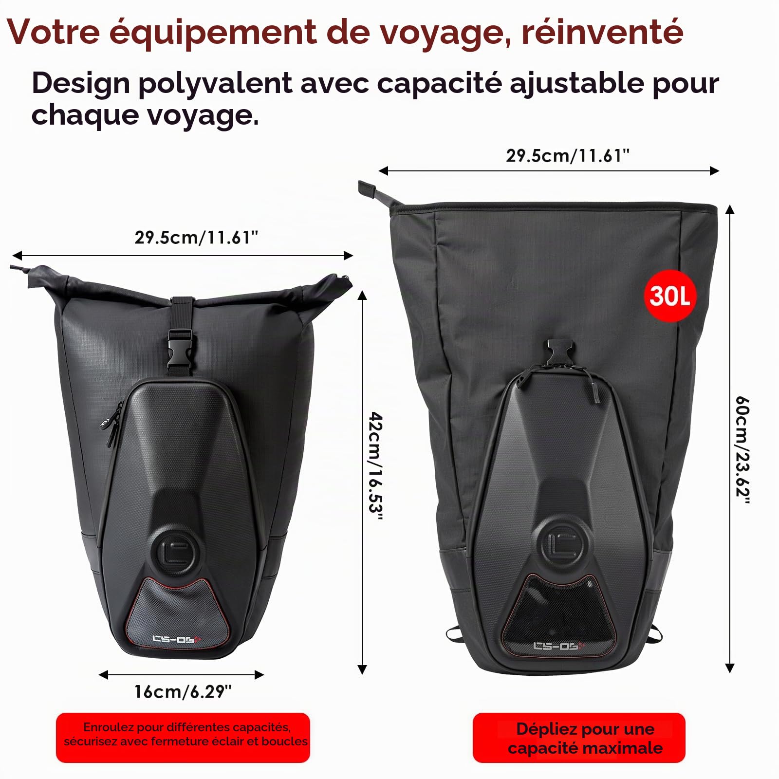 30L Sacoche Vélo Porte-Bagage Arrière, Sacoche Velo 3 en 1 Étanche, Sac Vélo Grande Capacité avec Poignée et Bandoulière, Sac à Dos Cycle Pannier pour Vélo, Route, VTT, Voyage, Trajets