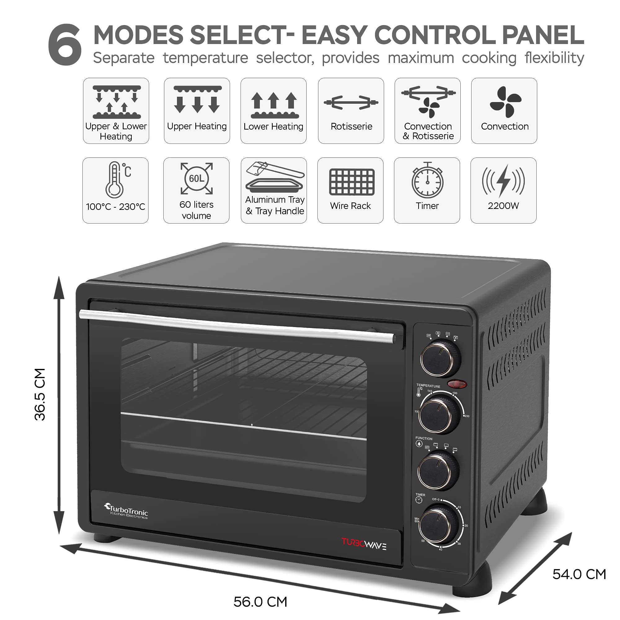 Buy TurboTronic Mini Oven with Circulating Air, 60 L, Black, 2200 W