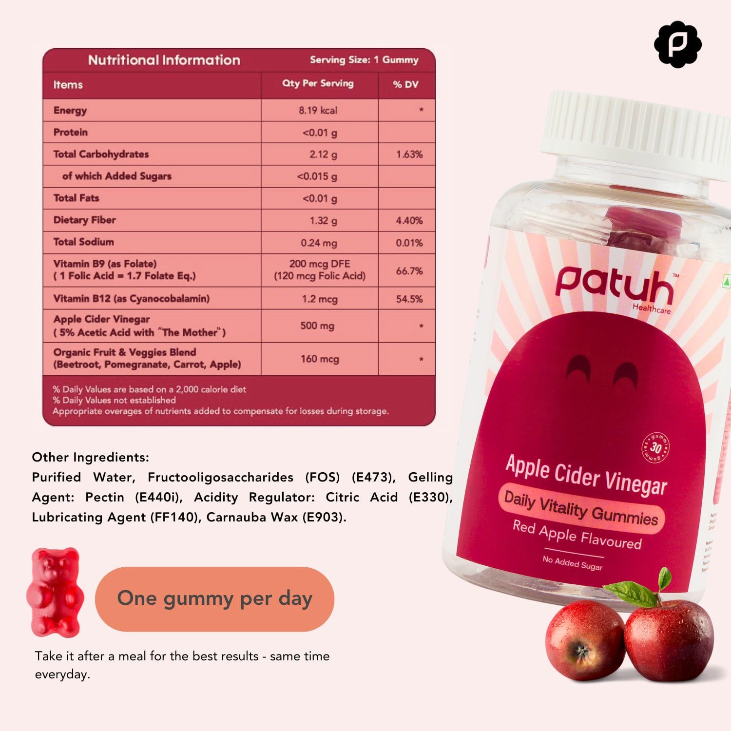 Patuh Healthcare Apple Cider Vinegar for Women and Men. 100% Vegetarian Sutra | Weight, detox and intestine maintain health. Chinese free ACV gums | Taste of red apple | 1 pack of 1 Patuh Healthcare Apple Cider Vinegar for Women and Men. 100% Vegetarian Sutra | Weight, detox and intestine maintain health. Chinese free ACV gums | Taste of red apple | 1 pack of 1