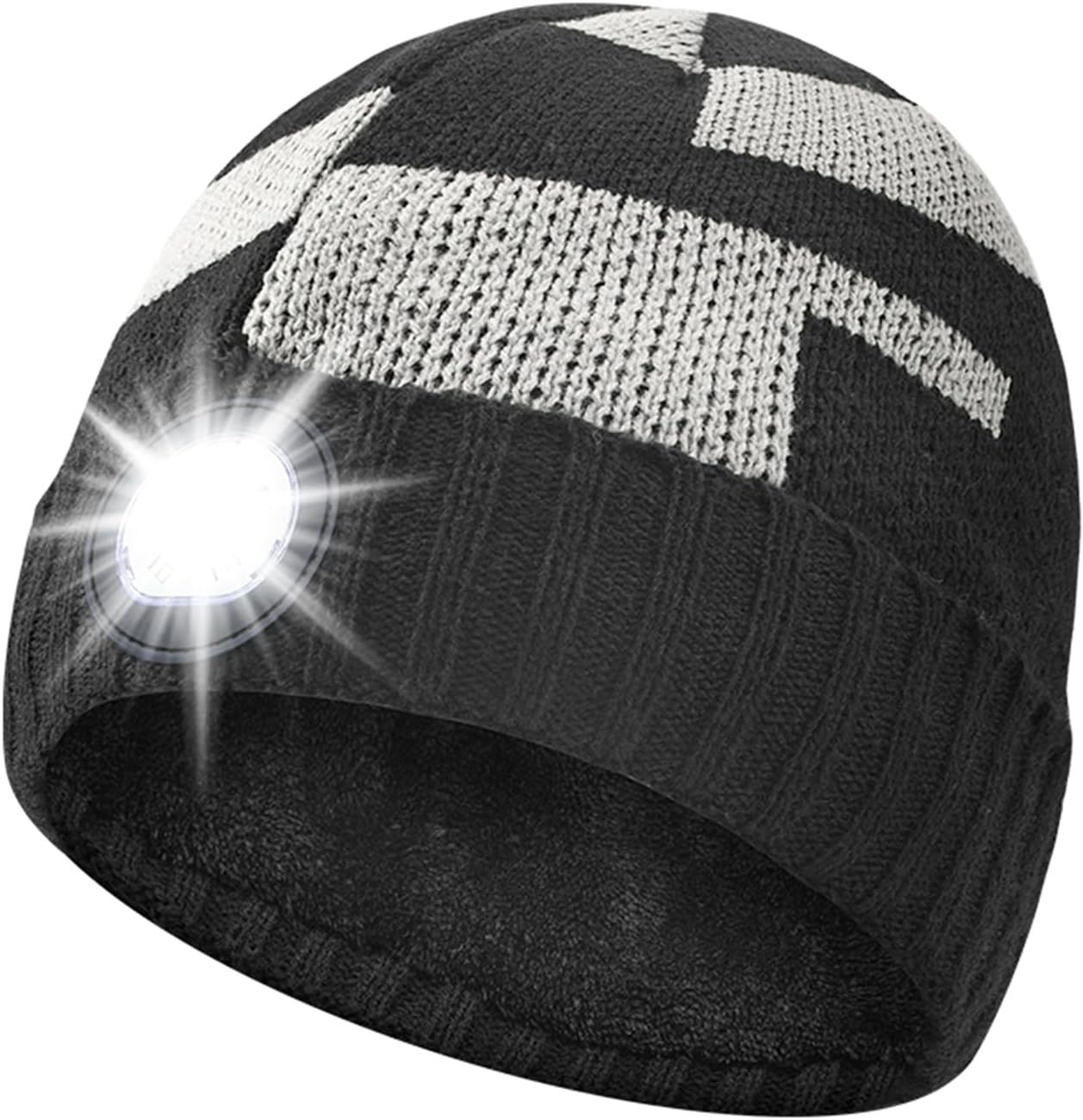 Fleece Lined LED Beanie Hat with Light, USB Rechargeable Headlamp Cap Unisex Warm Winter Knitted Night Lighted Hat Flashlight for Outdoor Camping Running, Beanie Cap Gift for Women Men Black