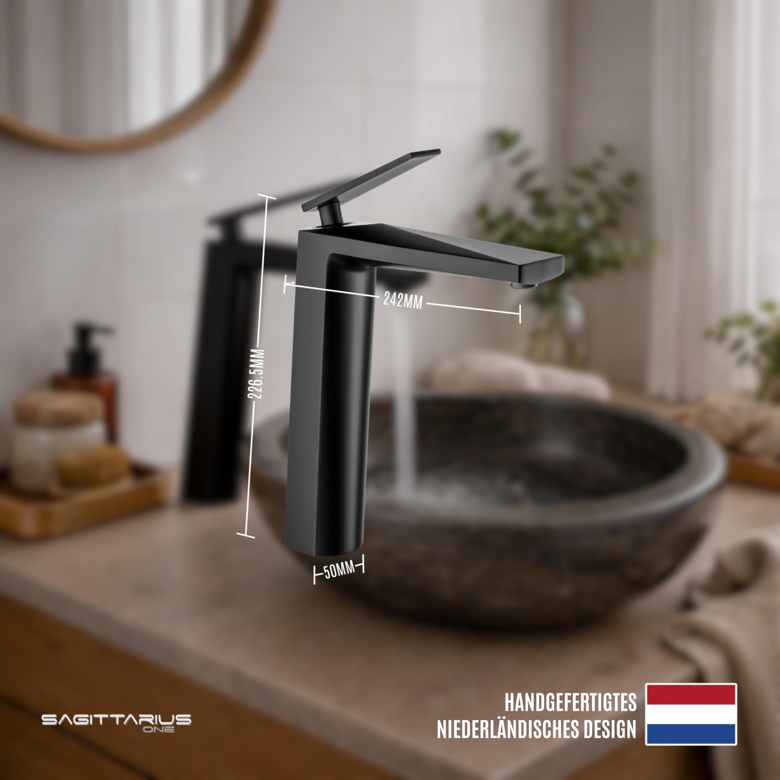 44S1-B Wasserhahn Bad Schwarz Matt | Design Waschtischarmatur Hoch aus Messing | Badezimmer Wasserhahn Wassersparend | Armatur Waschbecken mit Keramikkartusche | Badarmatur Schwarz | Design Waschtischarmatur Hoch Aus Messing, Badezimmer Wasserhahn, Schwar
