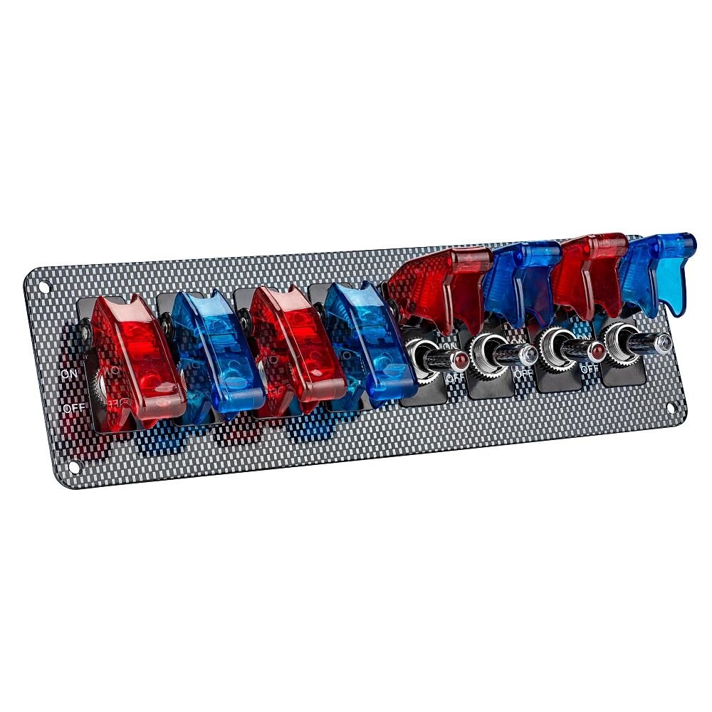 Jtron 8 LED Racing Car Toggle Switch Panel 12V DC, Carbon Fiber Coated Aluminum Plate, Safety Cover Protection, Suitable for car, Truck, Ship Modification (4 Red+4 Blue Switches)